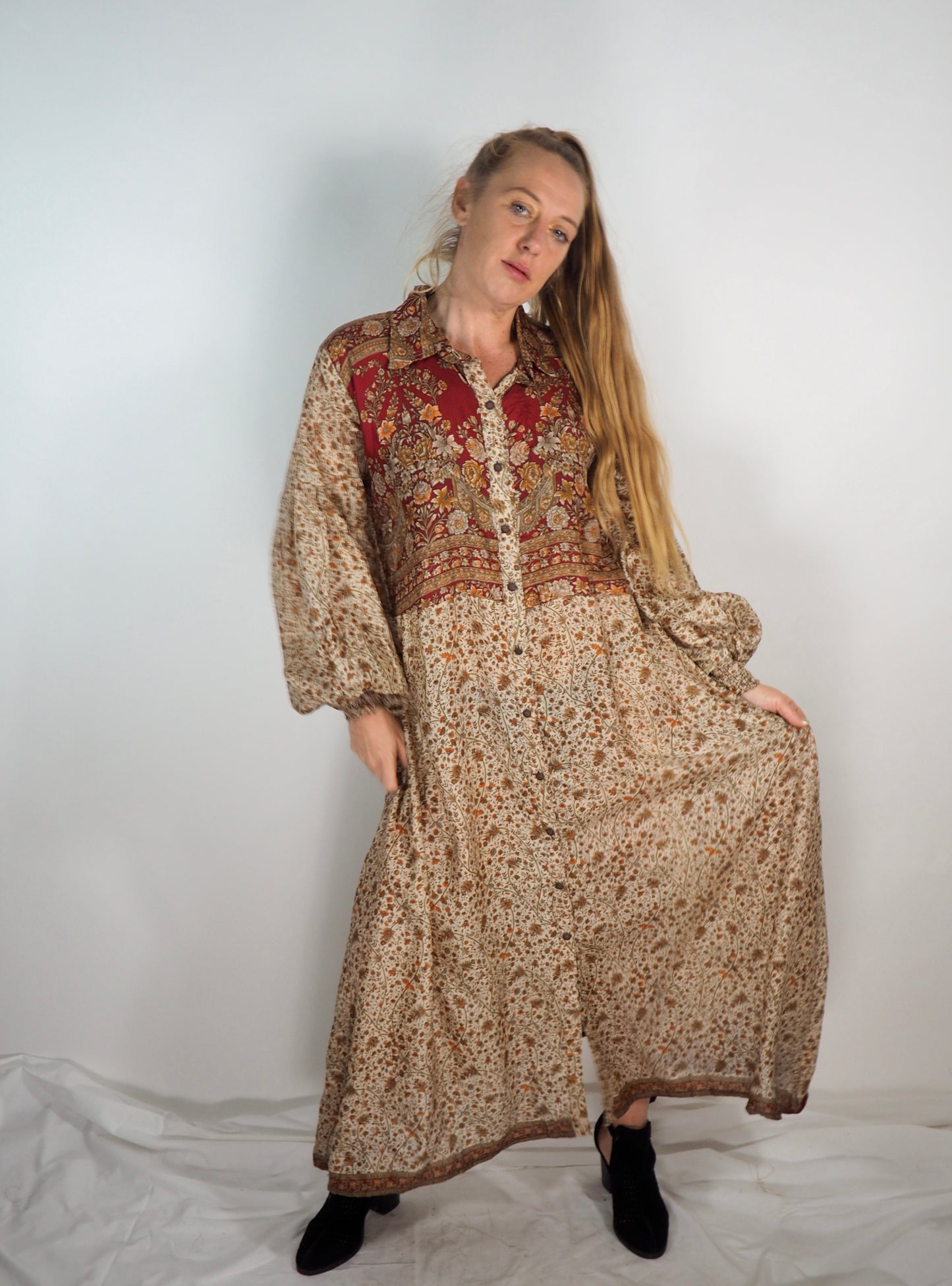 The Lenya Up-cycled Vintage Sari Dress – Sustainable Boho Dress with Oversized Sleeves Matching Scrunchy & Storage Bag