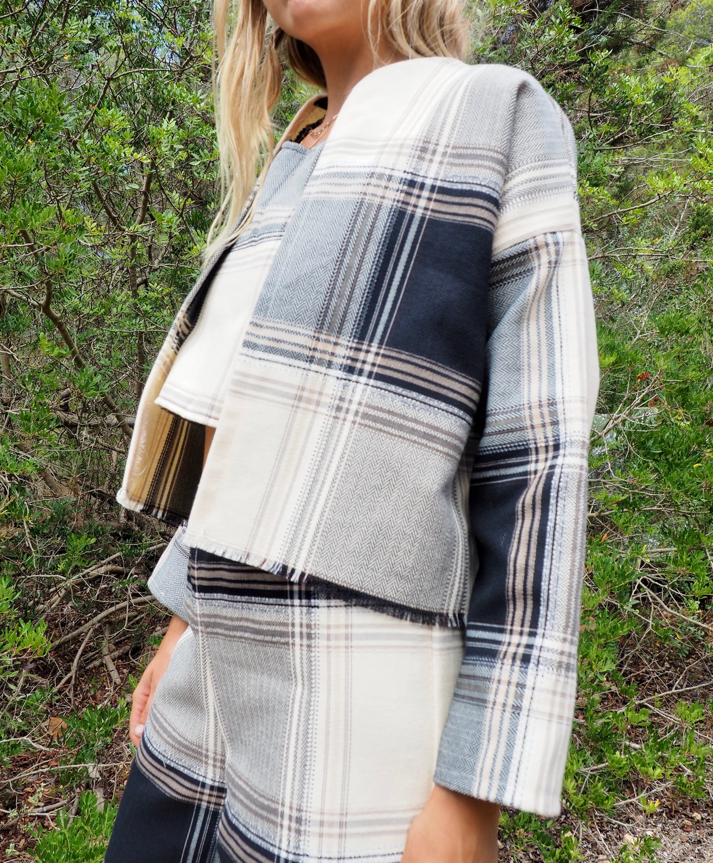 Up-cycled black and white checked cropped jacket nice quality a high end woven made by Vagabond Ibiza