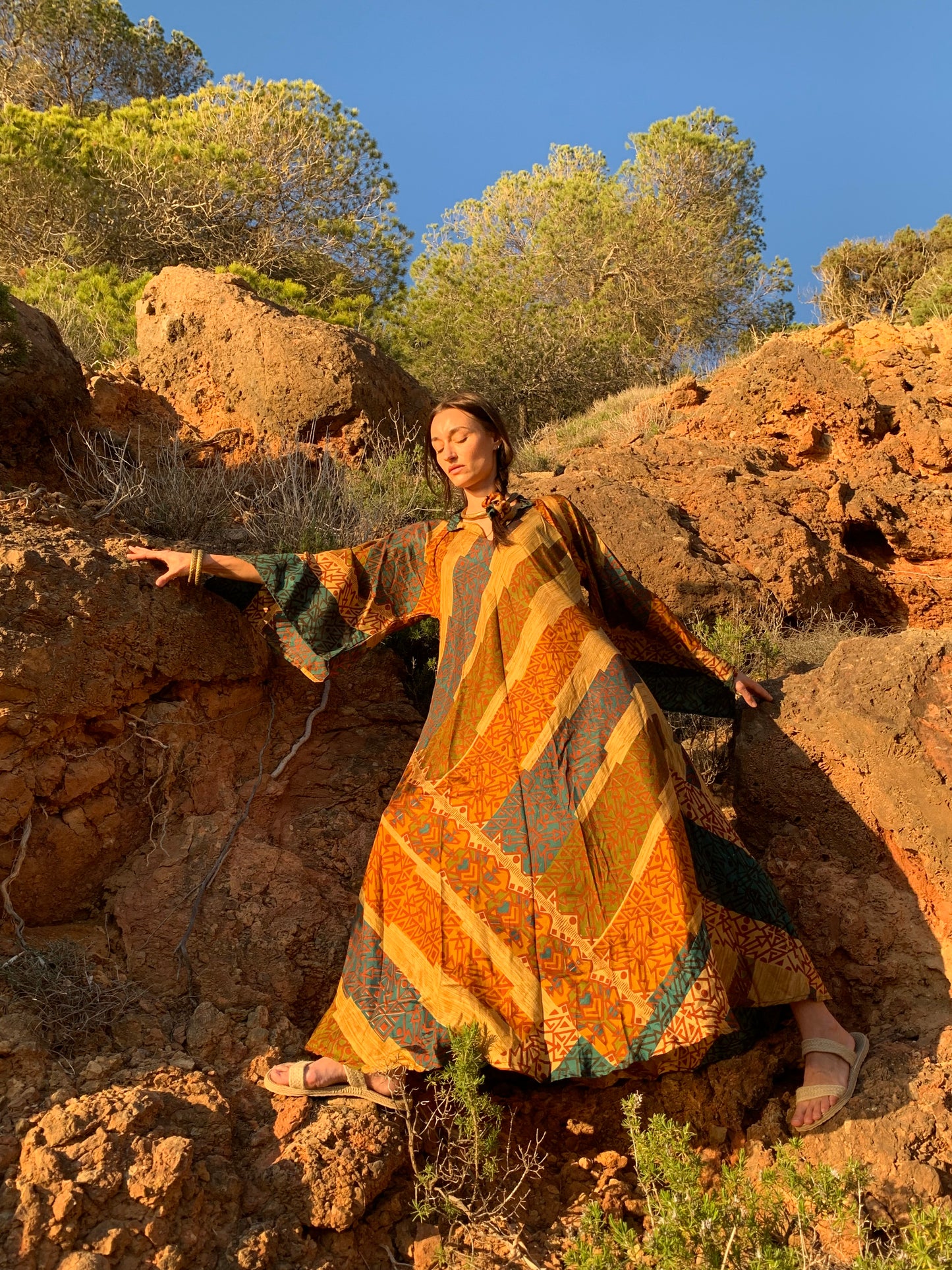 The Diamond Bias-Cut Maxi Dress – Up-cycled Vintage Sari Sustainable Dress with angel Sleeves + Matching Scrunchy & Bag