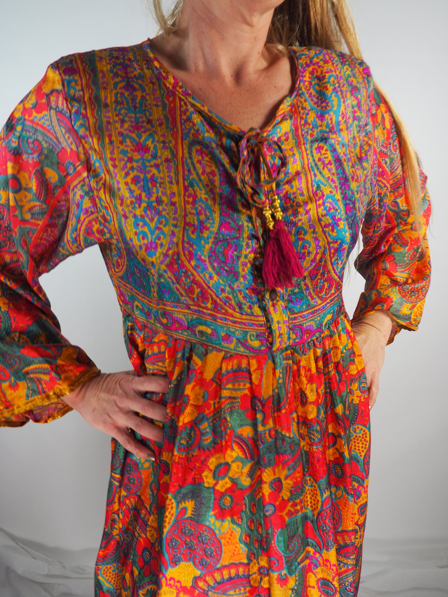 The Vadella Up-cycled Vintage Re-cycled Sari Maxi Dress – Sustainable Boho Dress with Tie Neck Detail + Matching Scrunchy & Bag