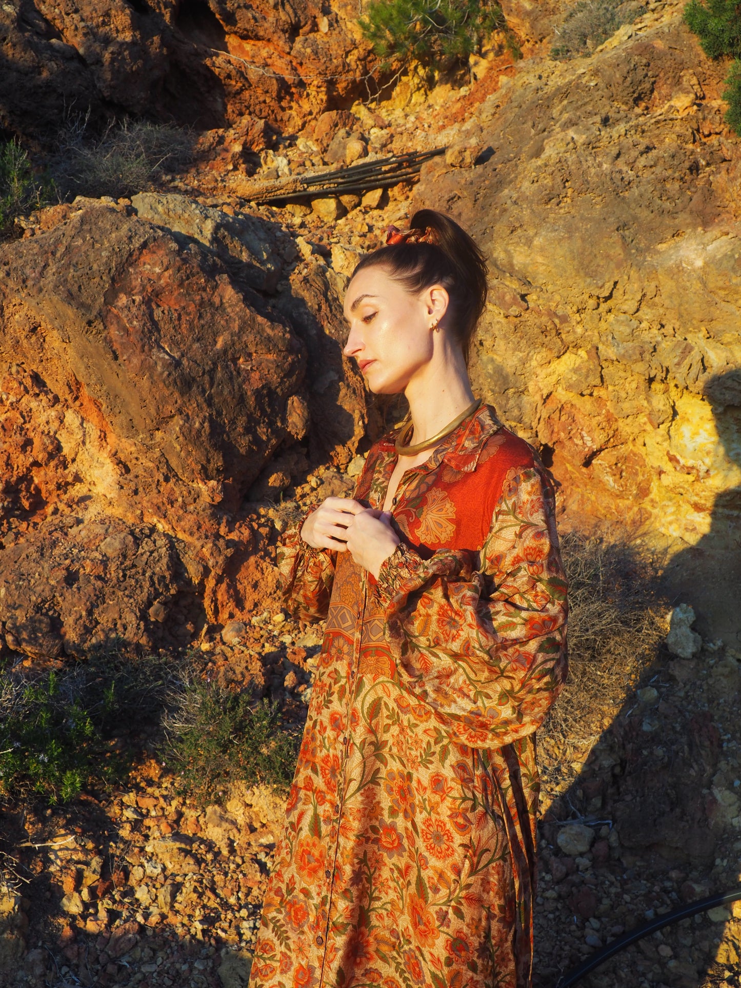 The Lenya Up-cycled Vintage Sari Dress – Sustainable Boho Dress with Oversized Sleeves Matching Scrunchy & Storage Bag