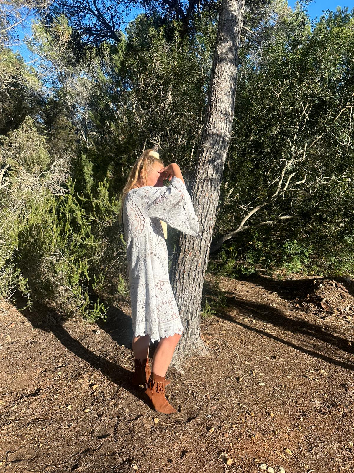 White vintage lace upcycled bell sleeve dress made by Vagabond Ibiza made in Ibiza