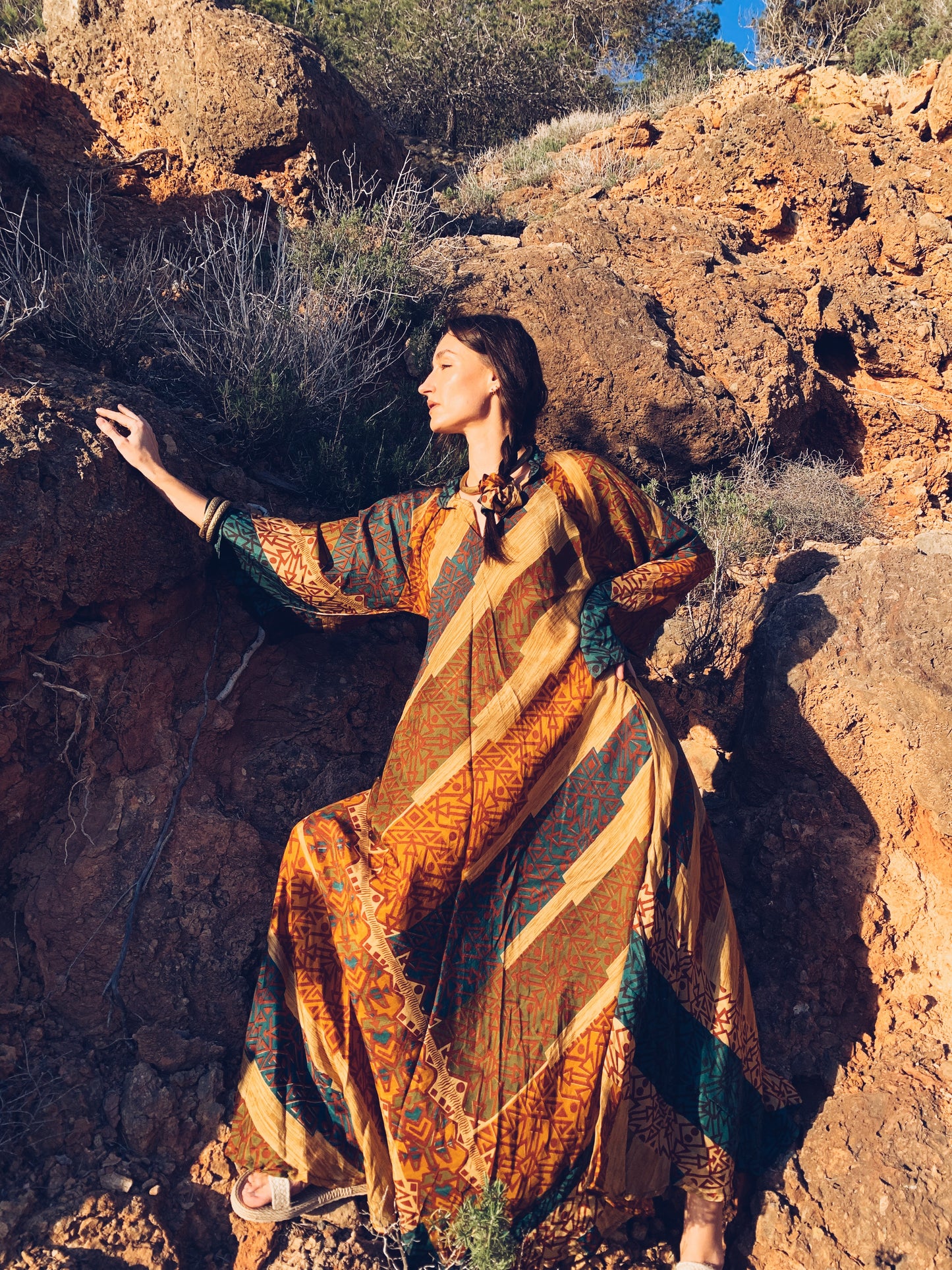 The Diamond Bias-Cut Maxi Dress – Up-cycled Vintage Sari Sustainable Dress with angel Sleeves + Matching Scrunchy & Bag
