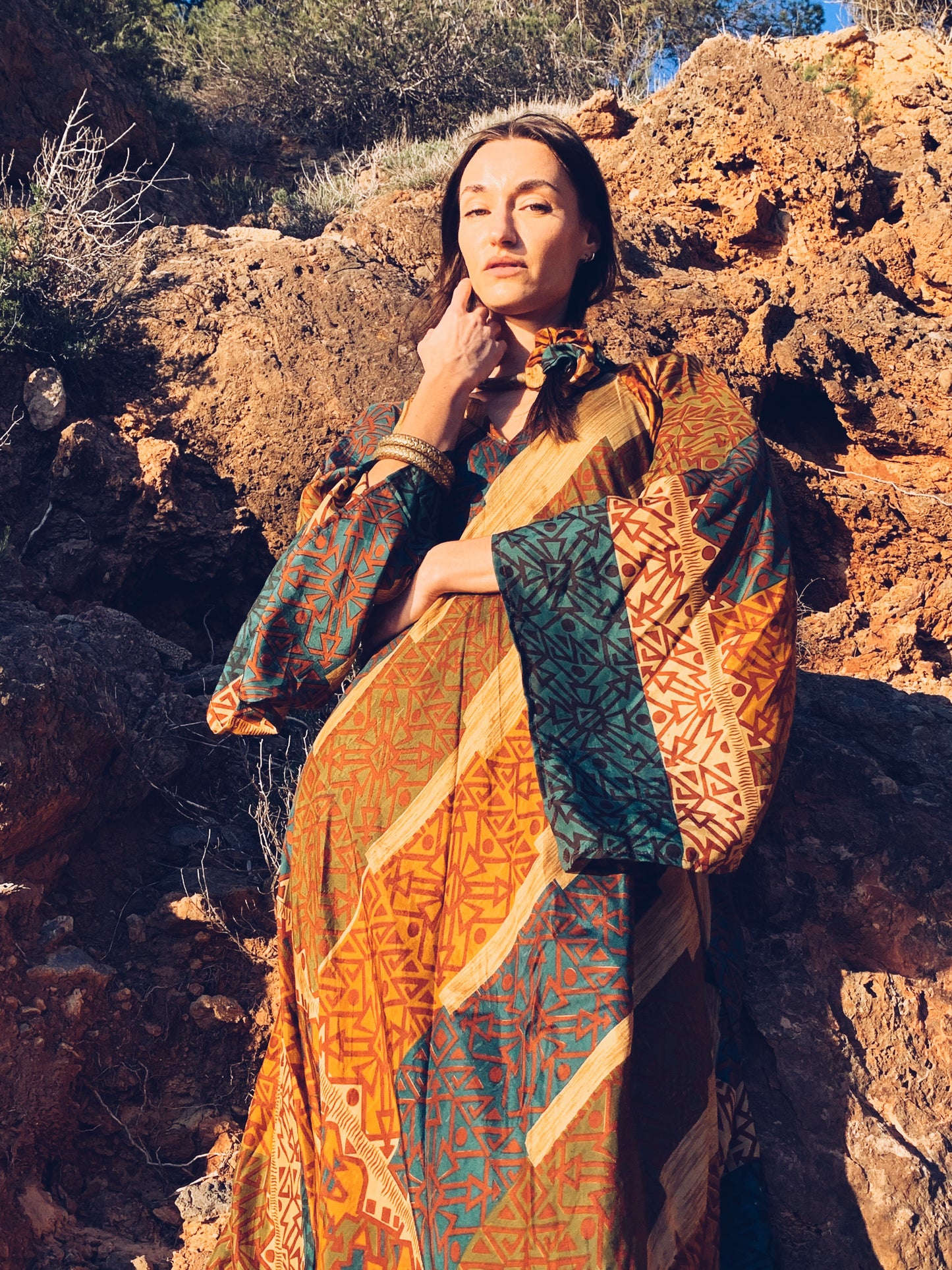 The Diamond Bias-Cut Maxi Dress – Up-cycled Vintage Sari Sustainable Dress with angel Sleeves + Matching Scrunchy & Bag