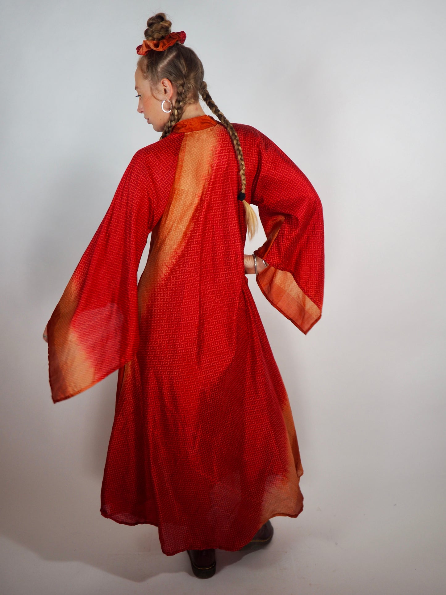 The Diamond Bias-Cut Maxi Dress – Up-cycled Vintage Sari Sustainable Dress with angel Sleeves + Matching Scrunchy & Bag