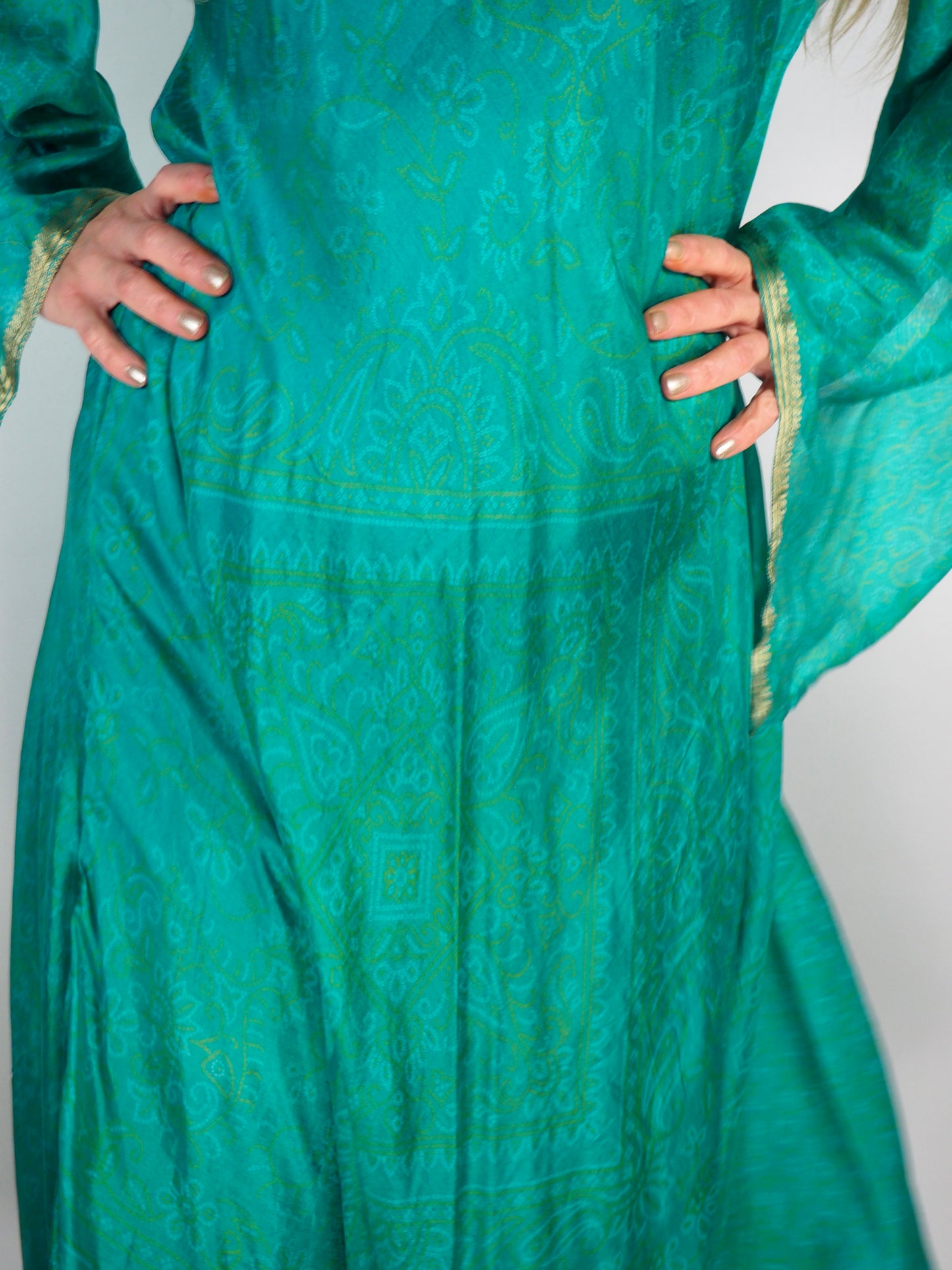 The Diamond Bias-Cut Maxi Dress – Up-cycled Vintage Sari Sustainable Dress with angel Sleeves + Matching Scrunchy & Bag