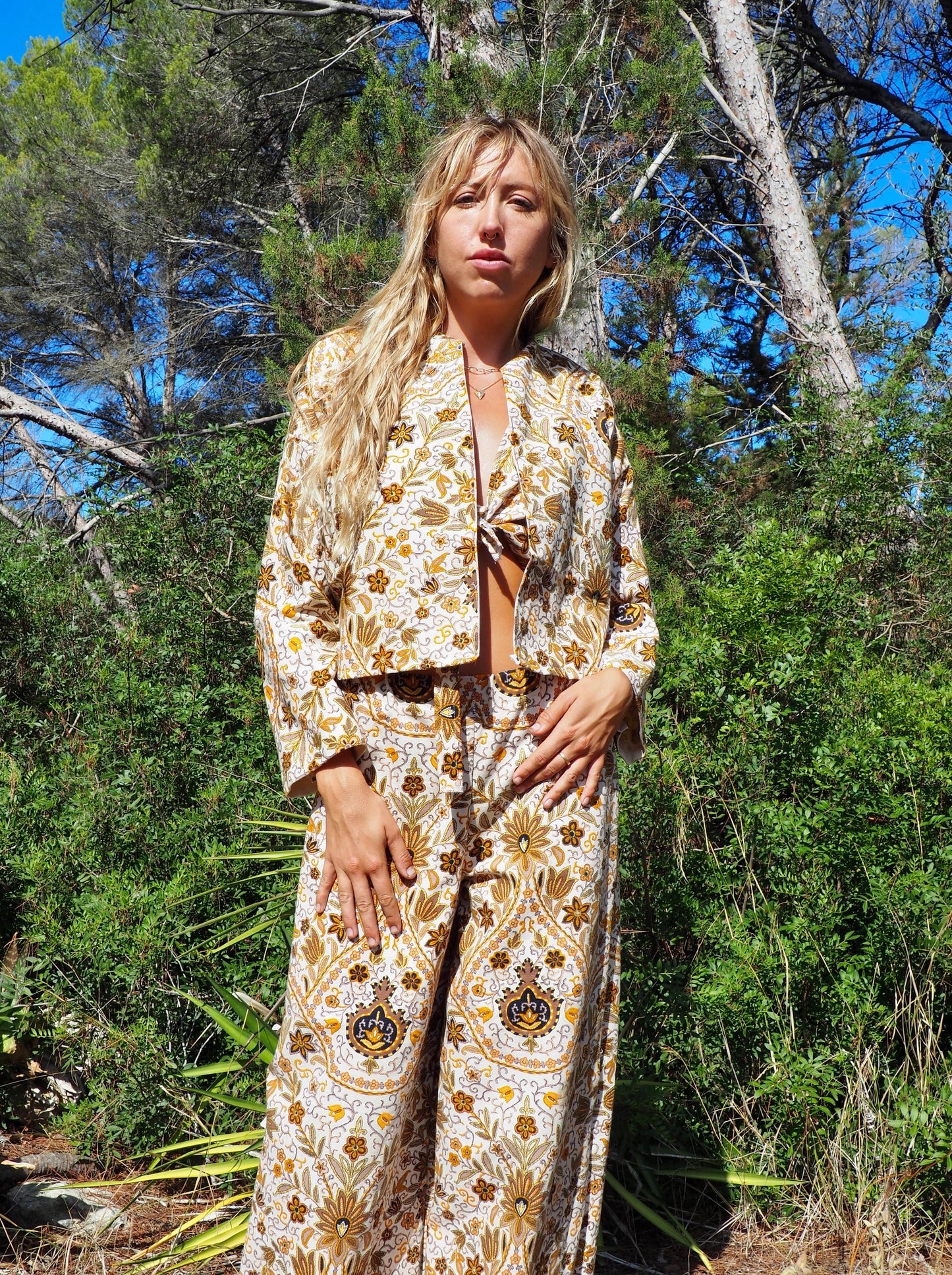 Up-cycled heavy cotton cropped jacket with Cream yellow and black floral printed design the textile is from france very nice quality by Vagabond Ibiza
