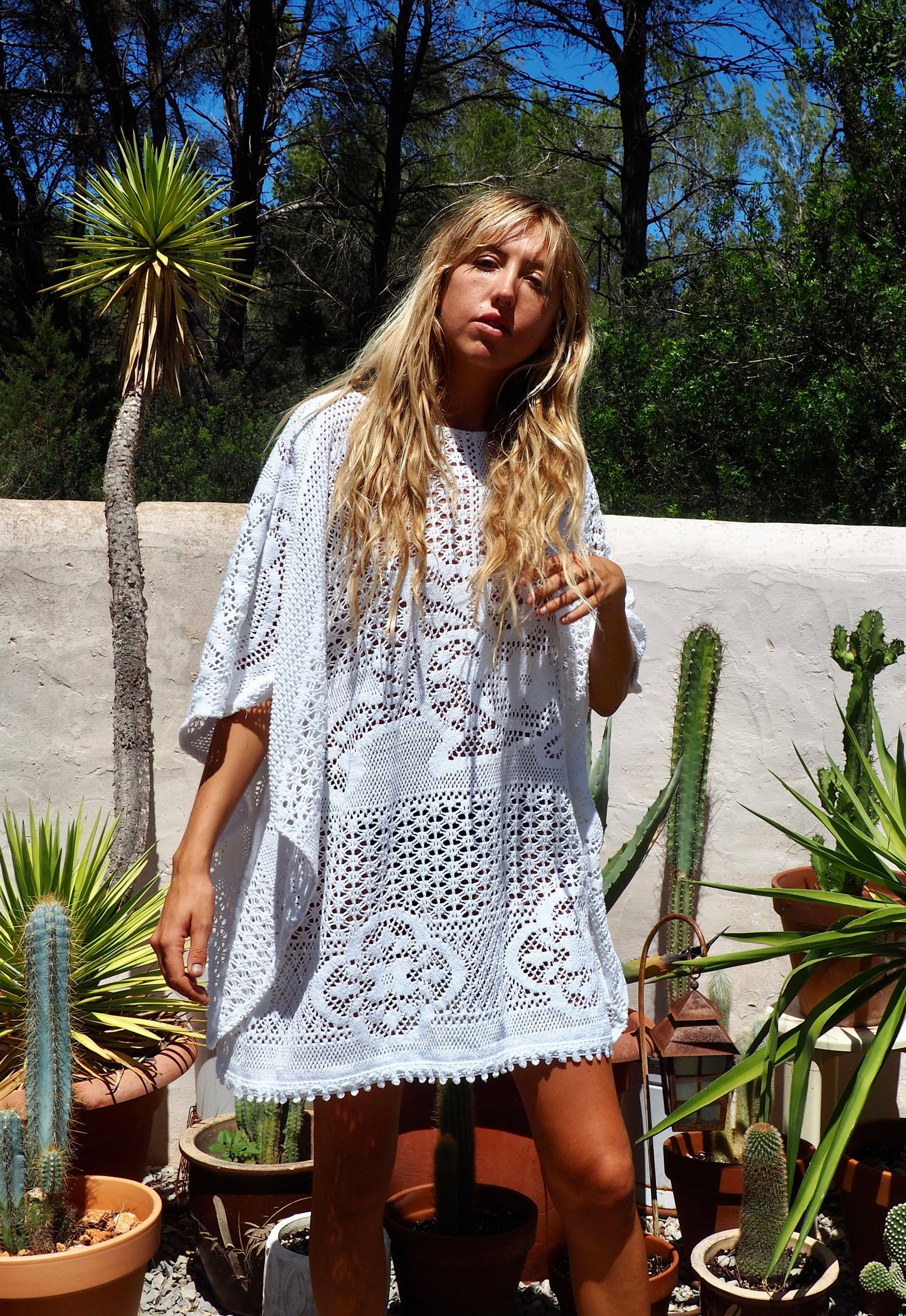 White vintage crochet bell sleeve shirt dress up-cycled by Vagabond Ibiza made in our atelier in Ibiza