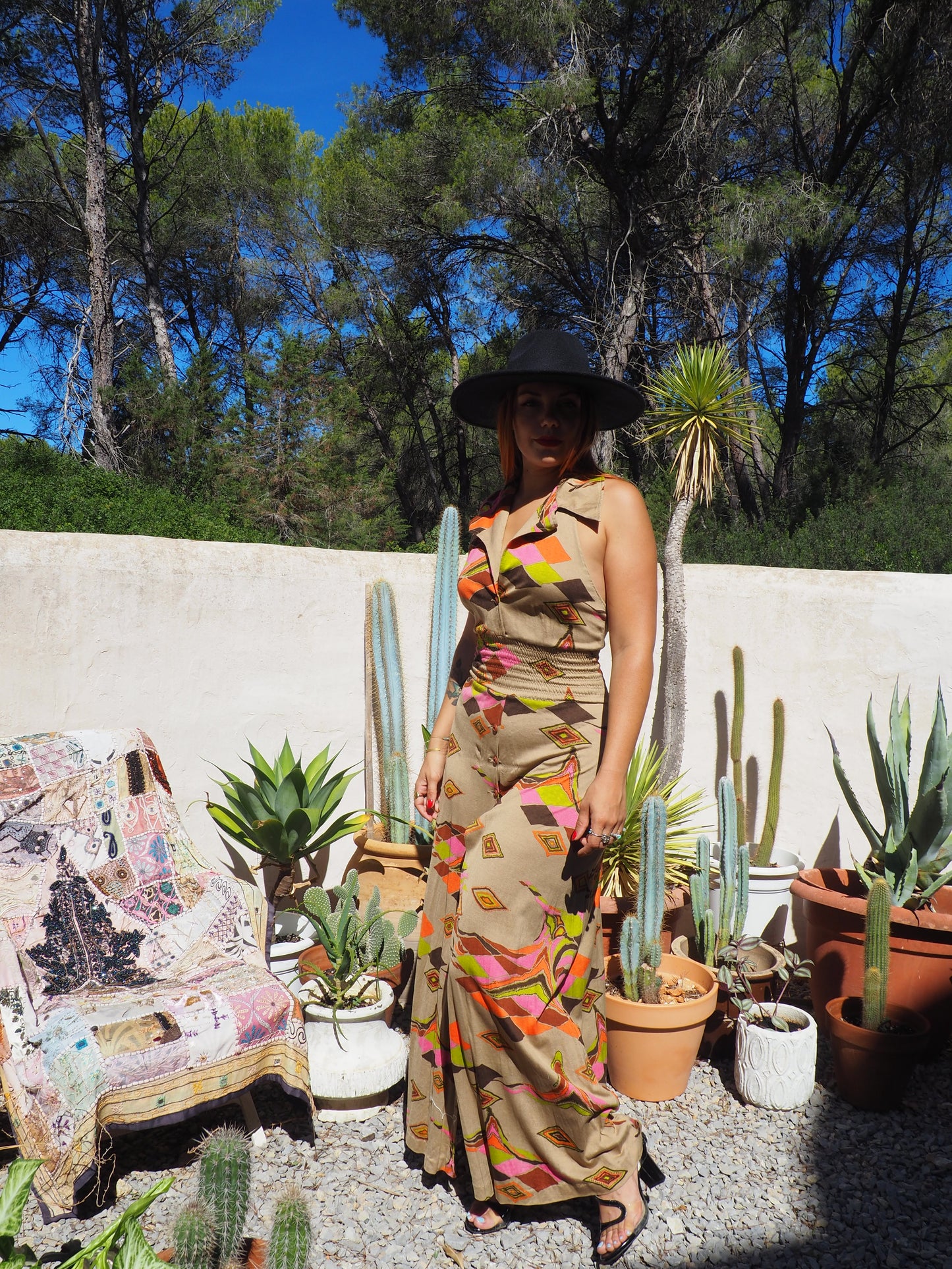 Vintage 1970’s super cool abstract printed maxi dress with a halter neck and cool collar details.