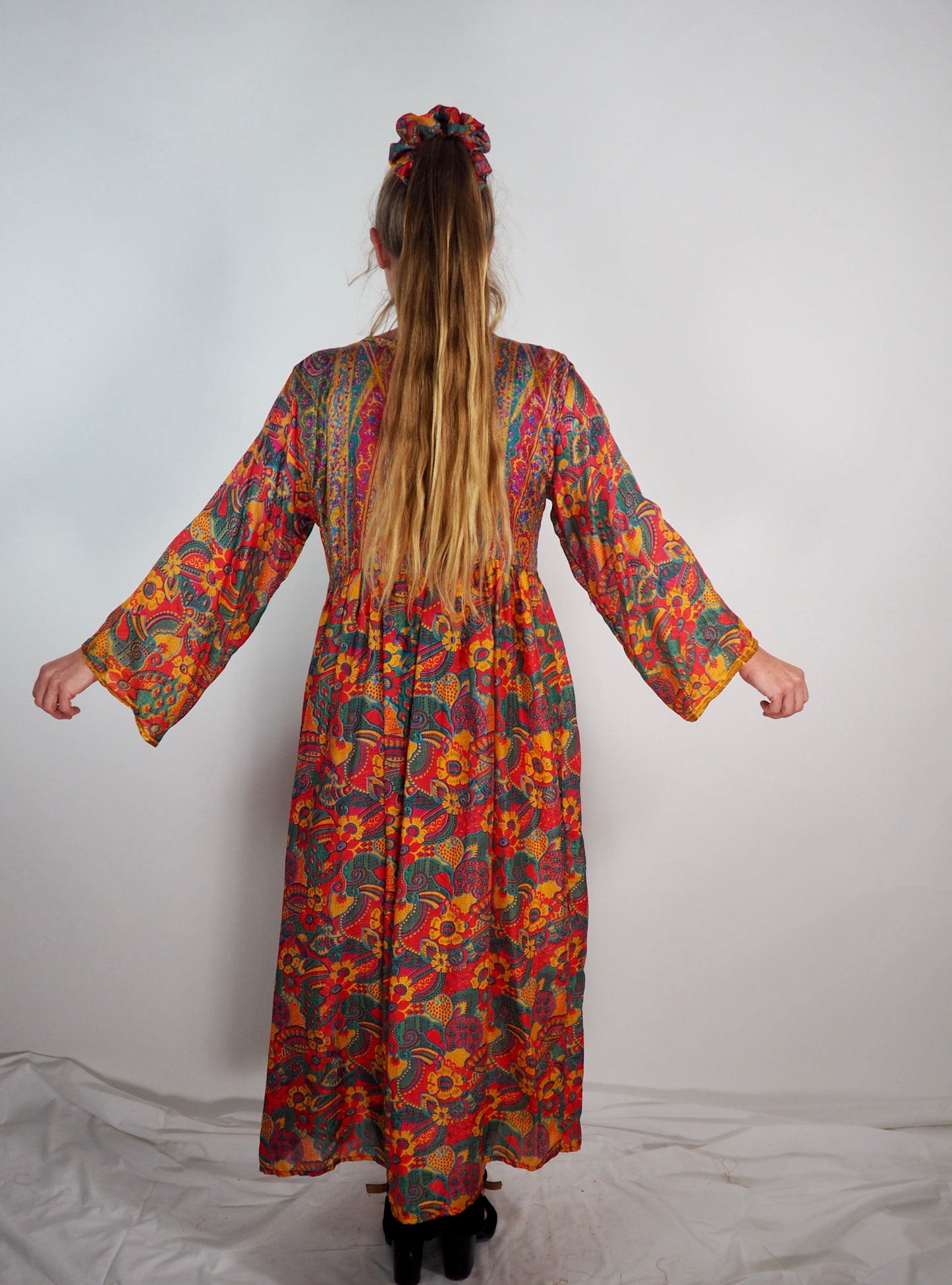 The Vadella Up-cycled Vintage Re-cycled Sari Maxi Dress – Sustainable Boho Dress with Tie Neck Detail + Matching Scrunchy & Bag
