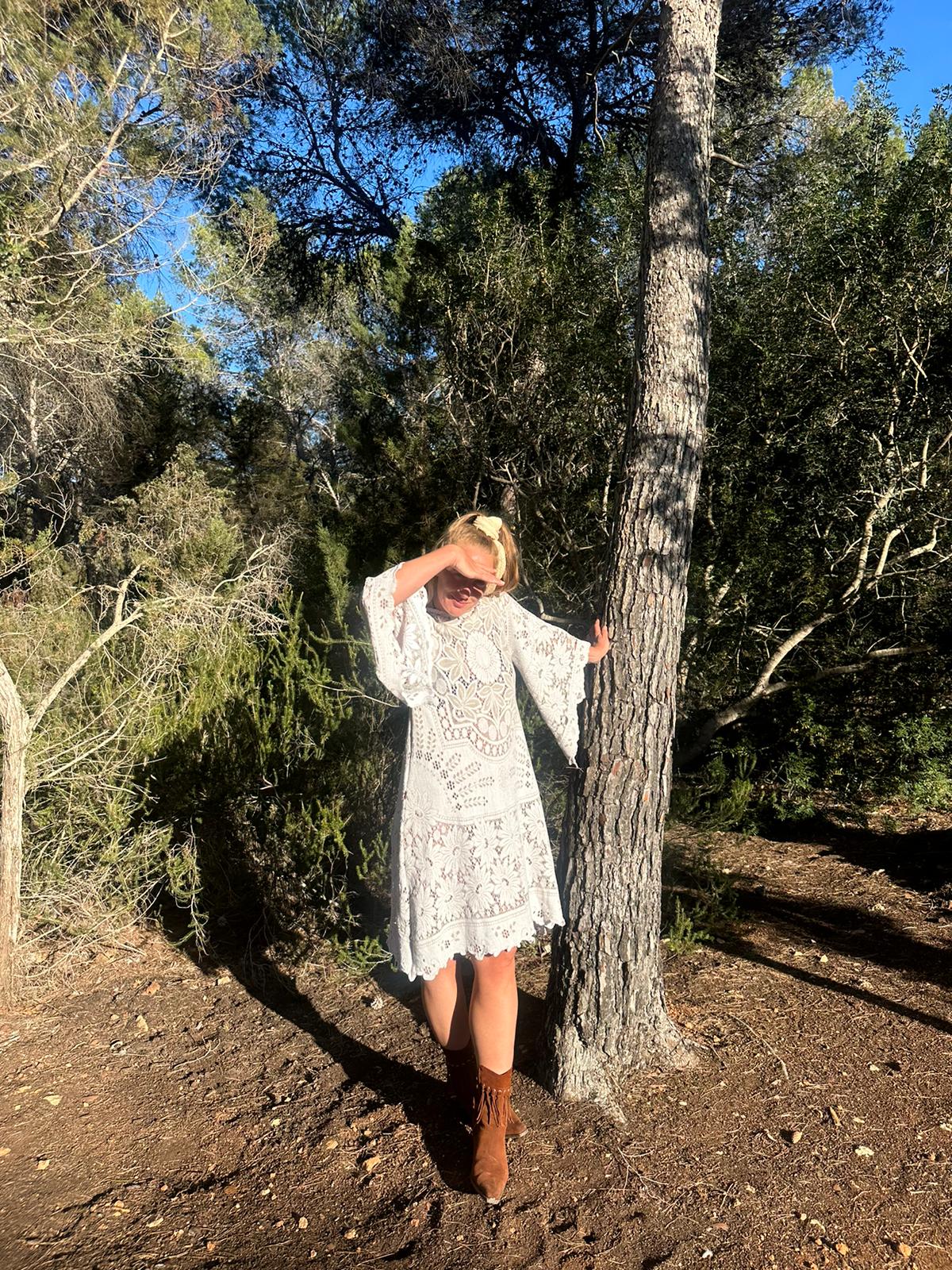 White vintage lace upcycled bell sleeve dress made by Vagabond Ibiza made in Ibiza