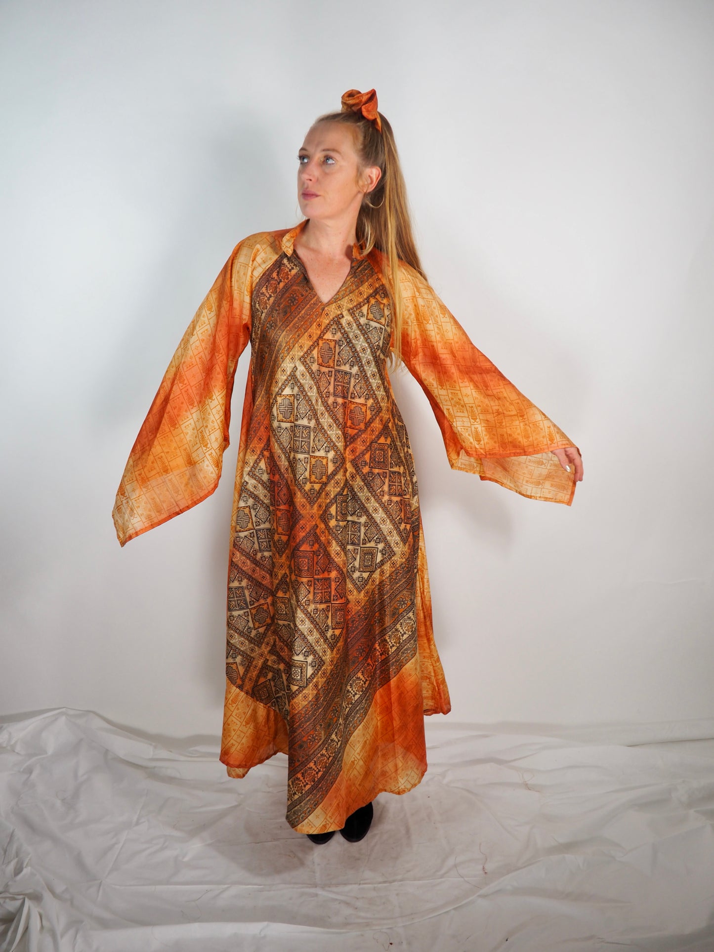 The Diamond Bias-Cut Maxi Dress – Up-cycled Vintage Sari Sustainable Dress with angel Sleeves + Matching Scrunchy & Bag