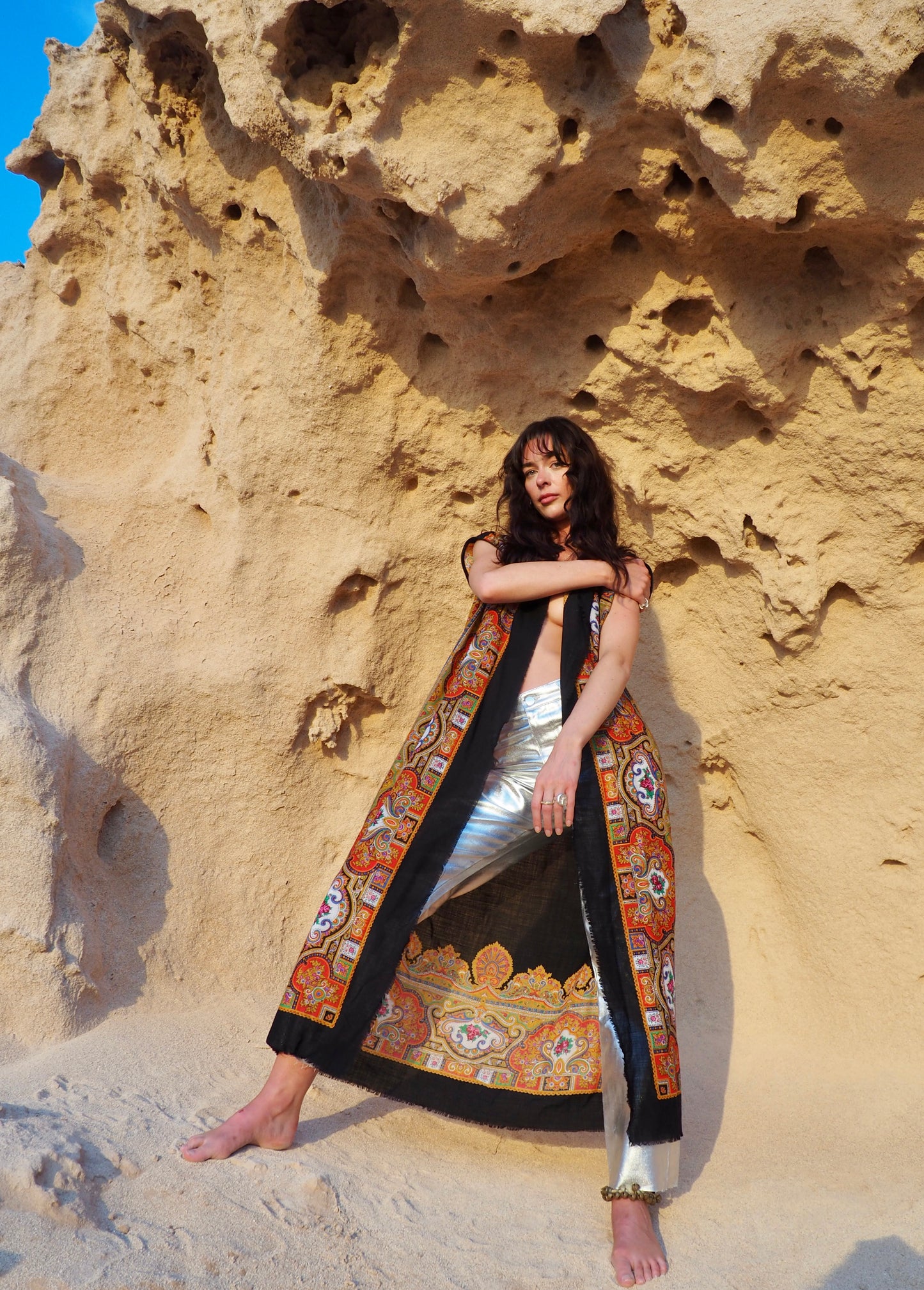 vintage fine wool woven textiles with paisley design up-cycled waistcoat made by Vagabond Ibiza