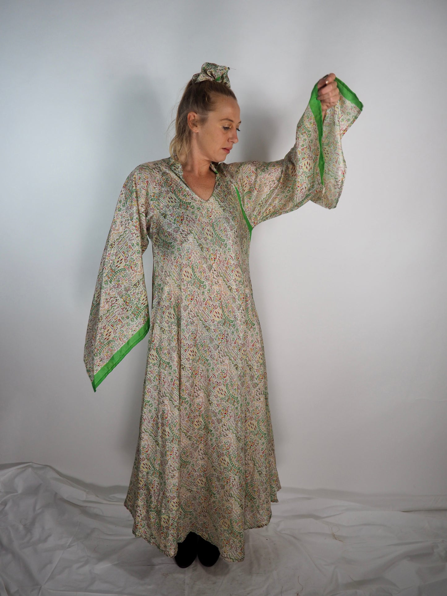 The Diamond Bias-Cut Maxi Dress – Up-cycled Vintage Sari Sustainable Dress with angel Sleeves + Matching Scrunchy & Bag