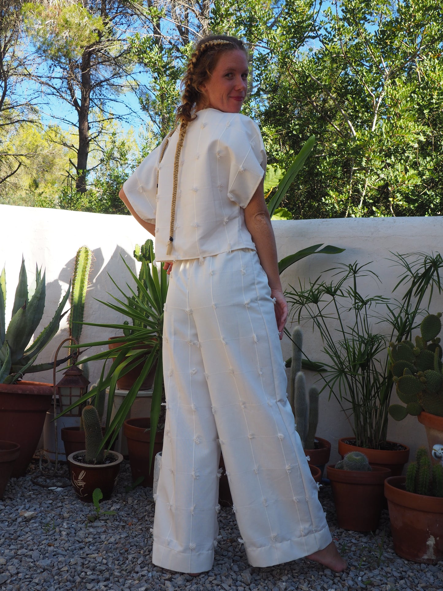 Creamy, white woven 2 piece wide leg pant and top set up-cycled by Vagabond Ibiza