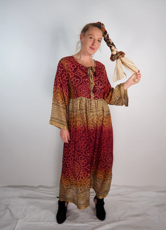 The Vadella Up-cycled Vintage Re-cycled Sari Maxi Dress – Sustainable Boho Dress with Tie Neck Detail + Matching Scrunchy & Bag