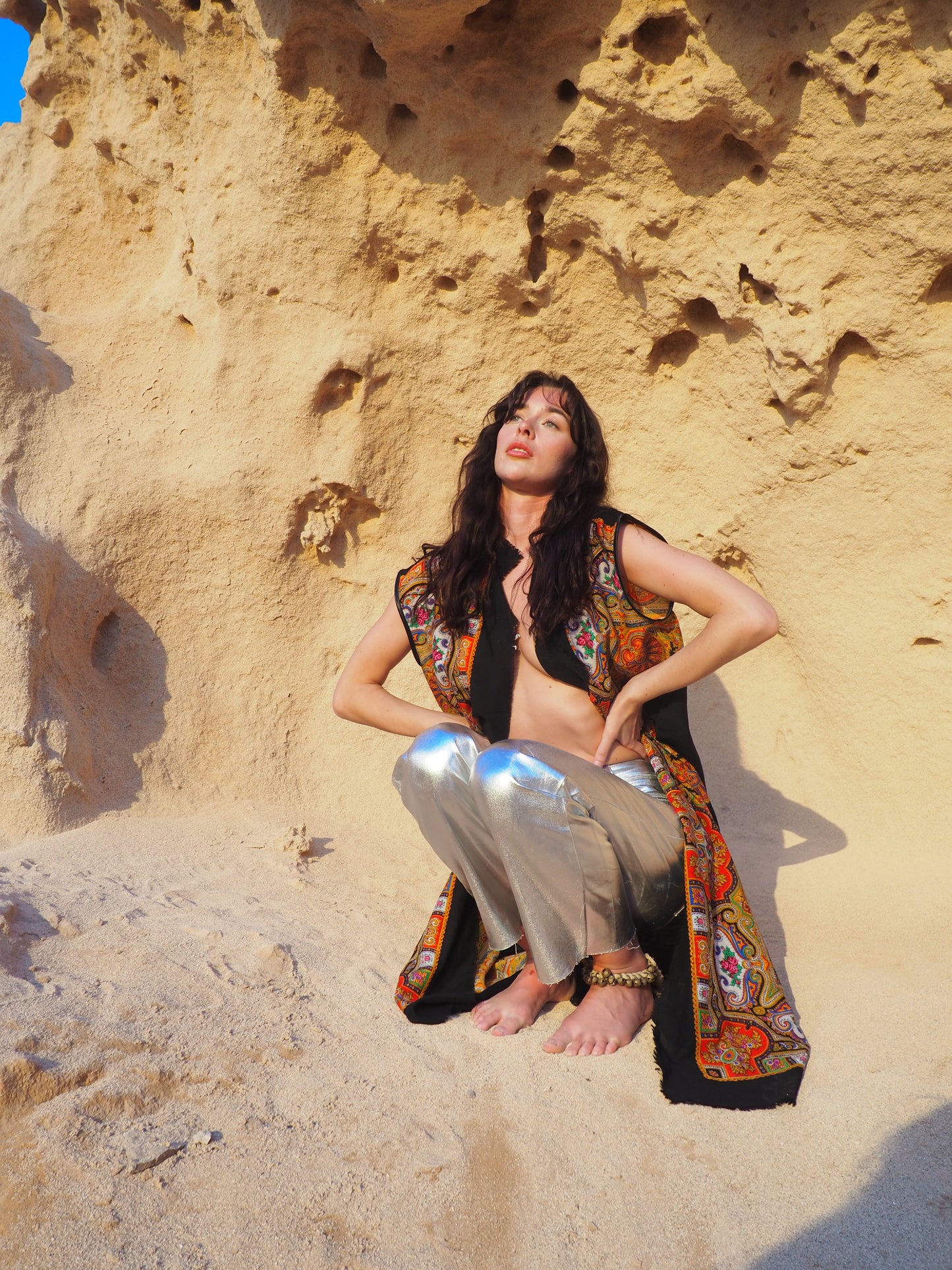 vintage fine wool woven textiles with paisley design up-cycled waistcoat made by Vagabond Ibiza