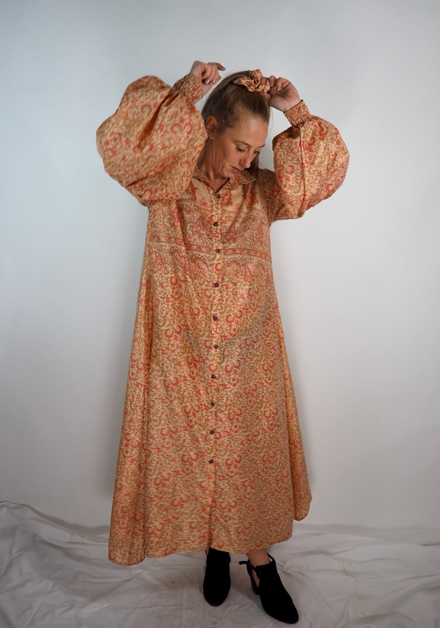 The Lenya Up-cycled Vintage Sari Dress – Sustainable Boho Dress with Oversized Sleeves Matching Scrunchy & Storage Bag