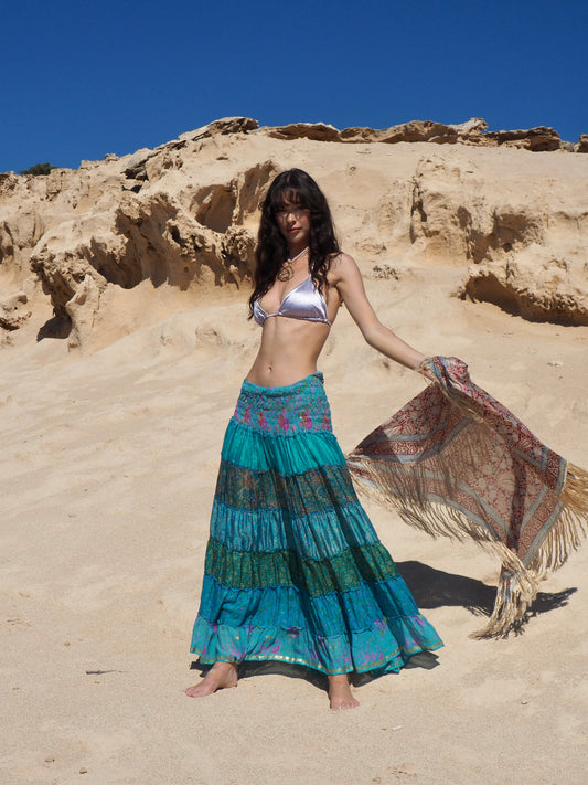 Vintage Indian Recycled Silk Saree Patchwork Maxi Skirt - Sea Blue Tones