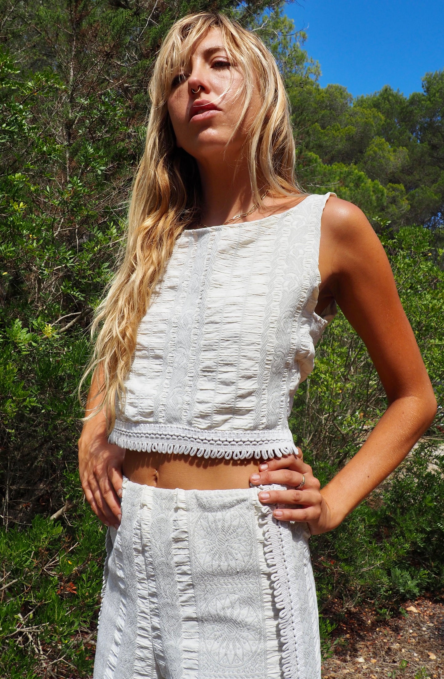 Up-cycled heavy cream and gray cotton woven textile reversible crop top for 2 different styles made by Vagabond Ibiza