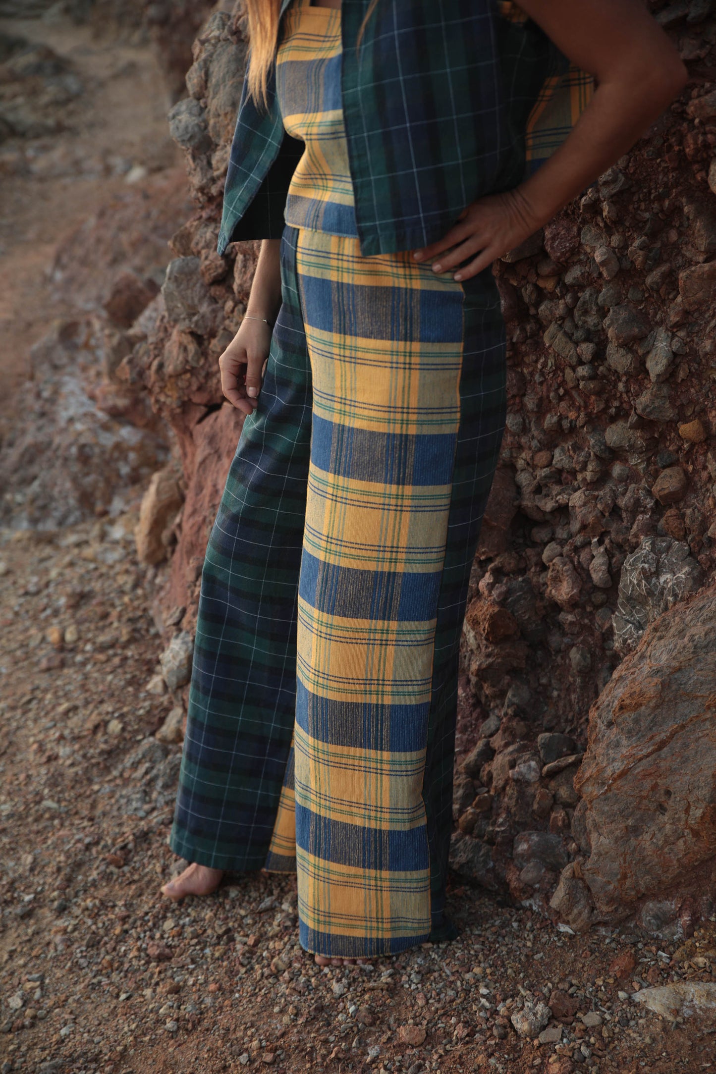 Up-cycled vintage cotton 3 piece set top and pants and wait coat set made from vintage textiles patch together with a yellow and blue checked design.