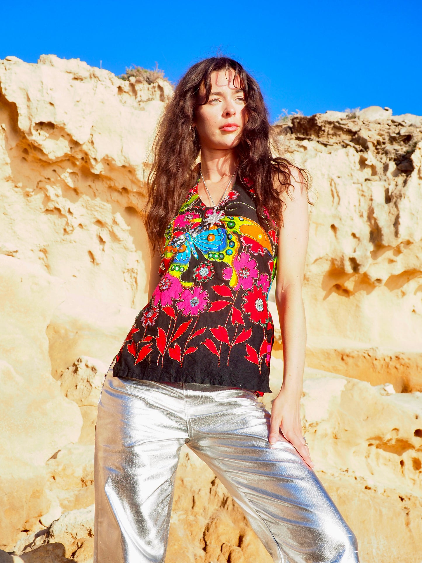 Vintage 1980s Sequin and Beaded Flower Power Halter Neck Top
