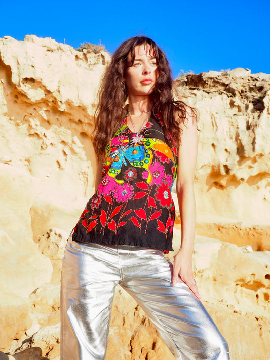 Vintage 1980s Sequin and Beaded Flower Power Halter Neck Top