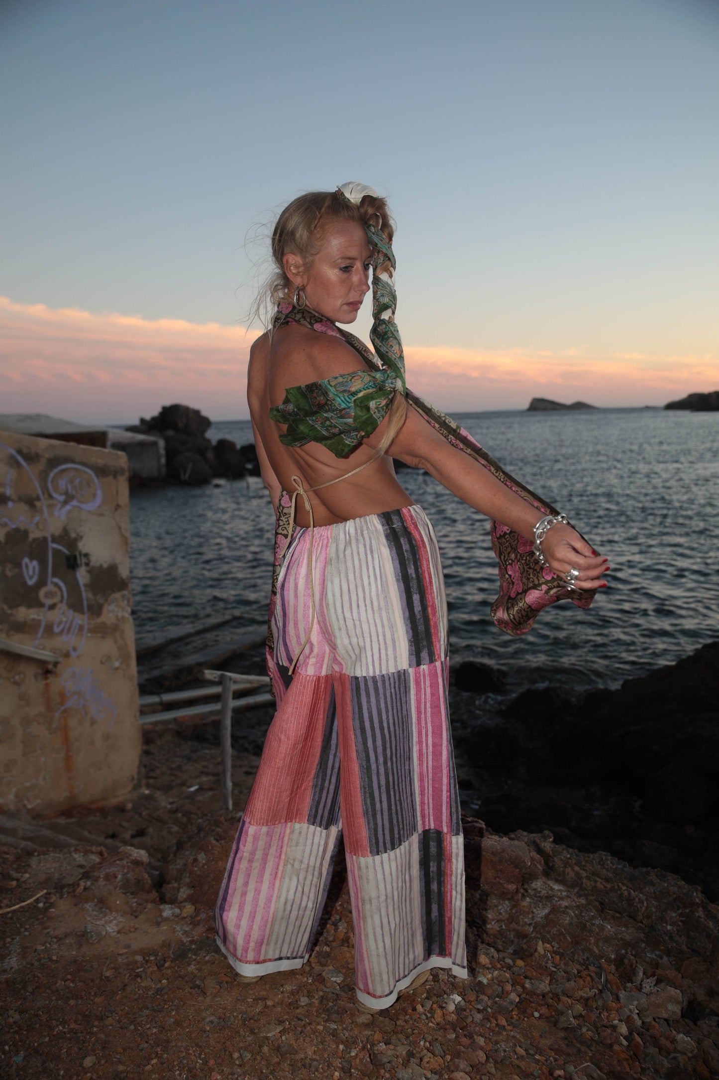 Up-cycled vintage cotton wide leg pants made by Vagabond Ibiza with pink painted design