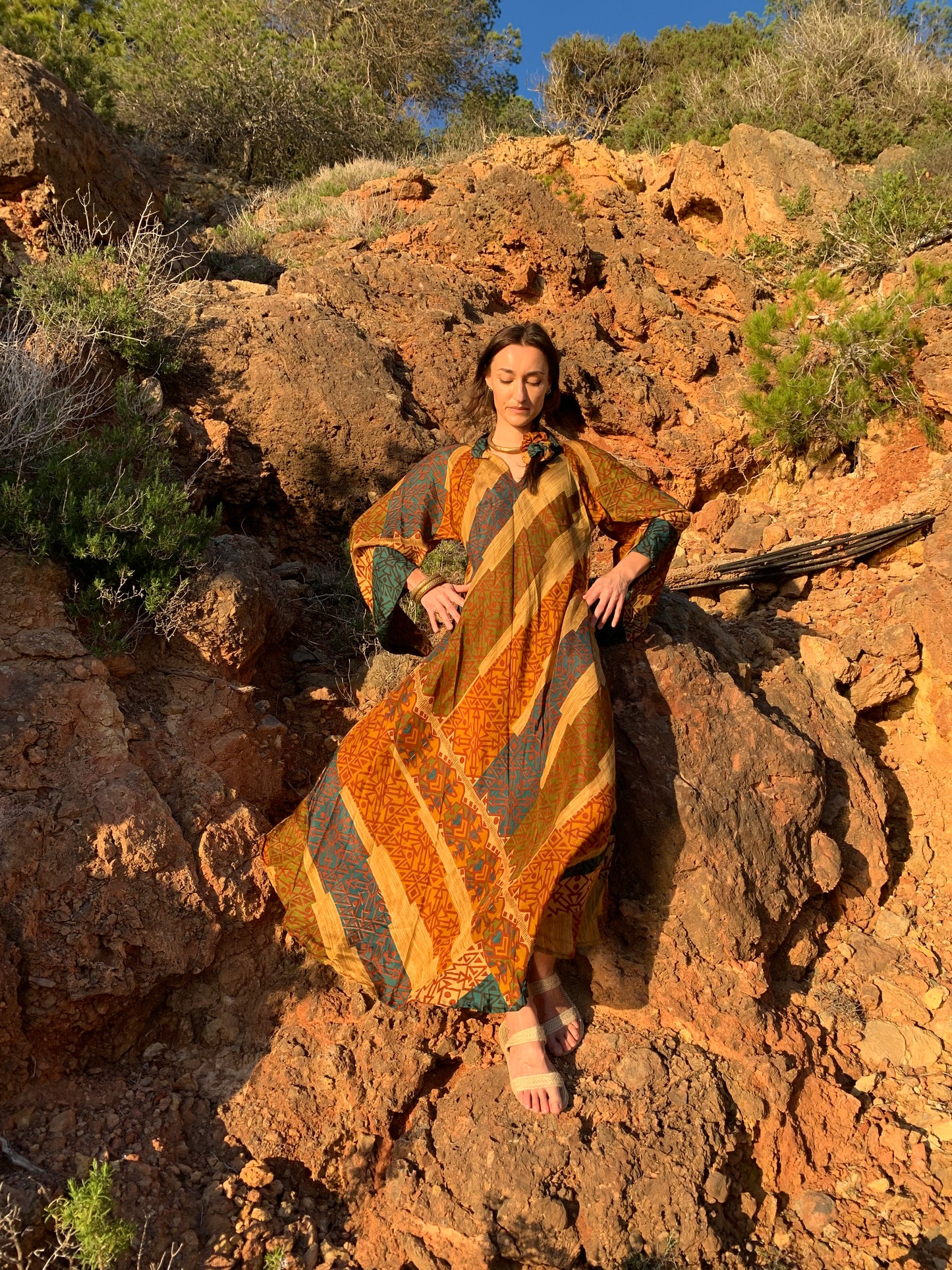 The Diamond Bias-Cut Maxi Dress – Up-cycled Vintage Sari Sustainable Dress with angel Sleeves + Matching Scrunchy & Bag