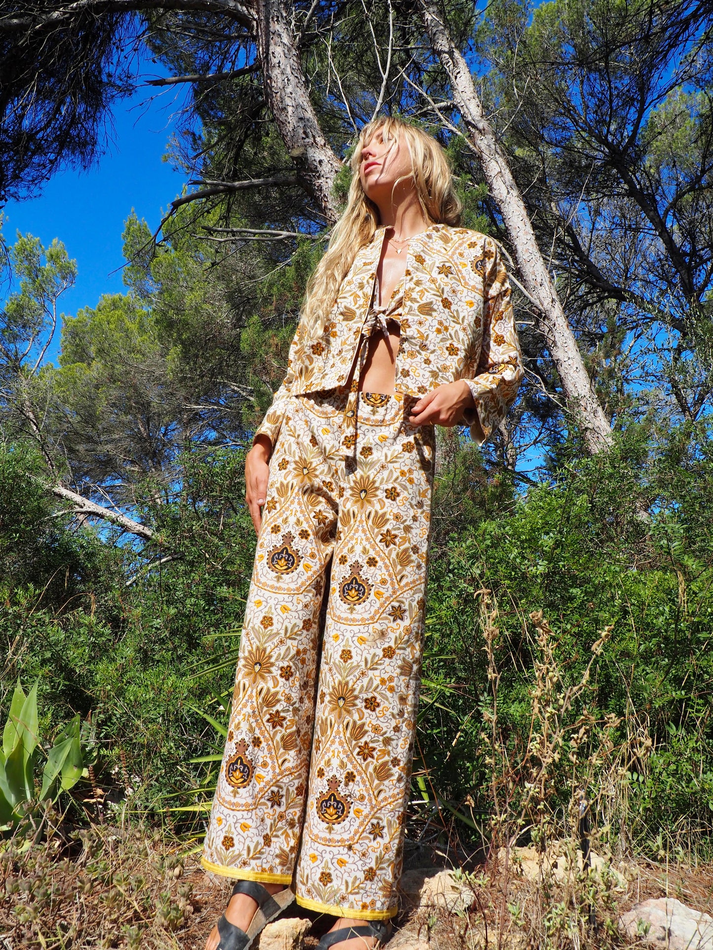 Up-cycled heavy cotton cropped jacket with Cream yellow and black floral printed design the textile is from france very nice quality by Vagabond Ibiza