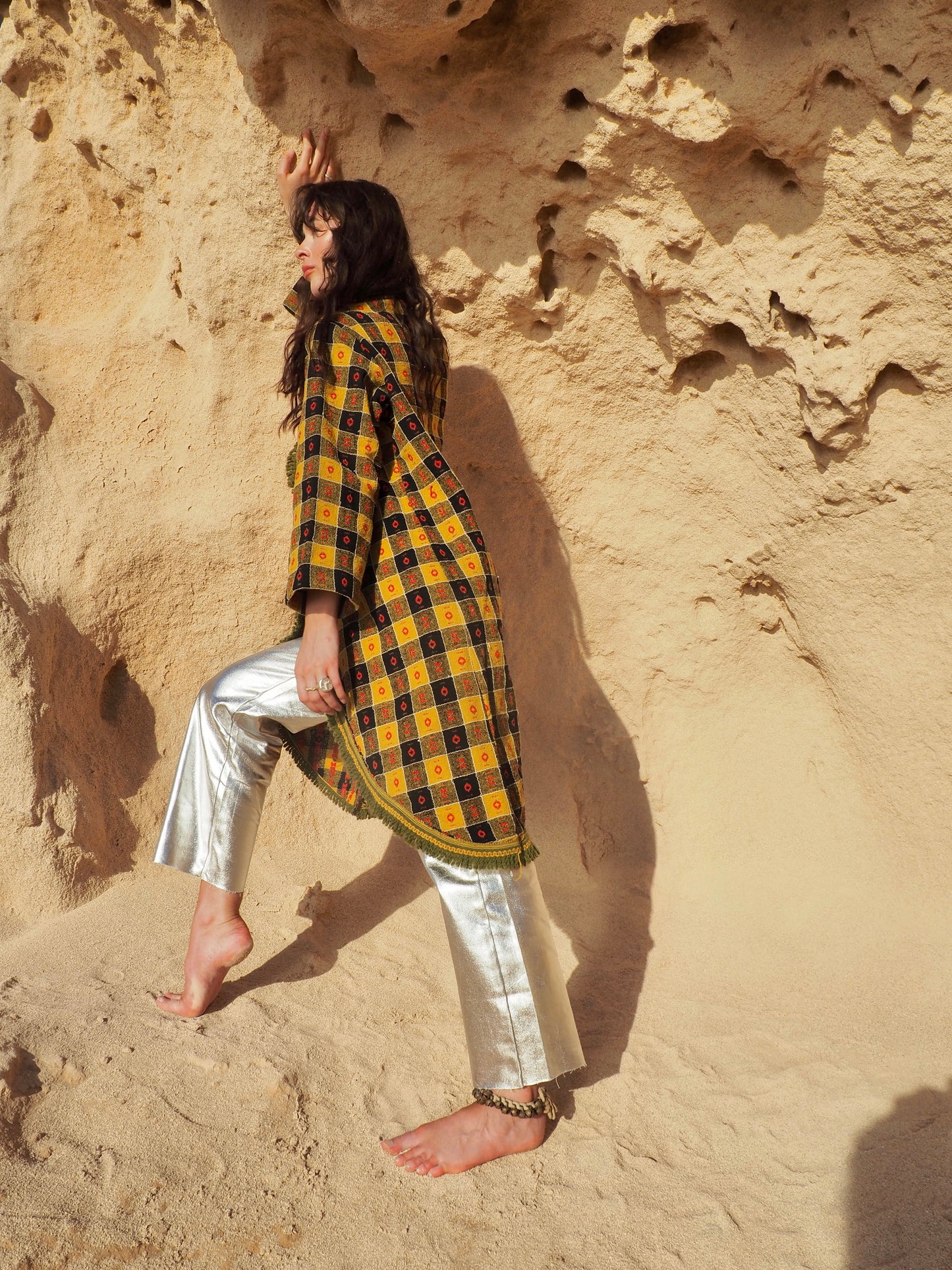 Long Full Jacket in Mustard Yellow, Black, and Red - Upcycled Vintage Textiles Made by Vagabond Ibiza