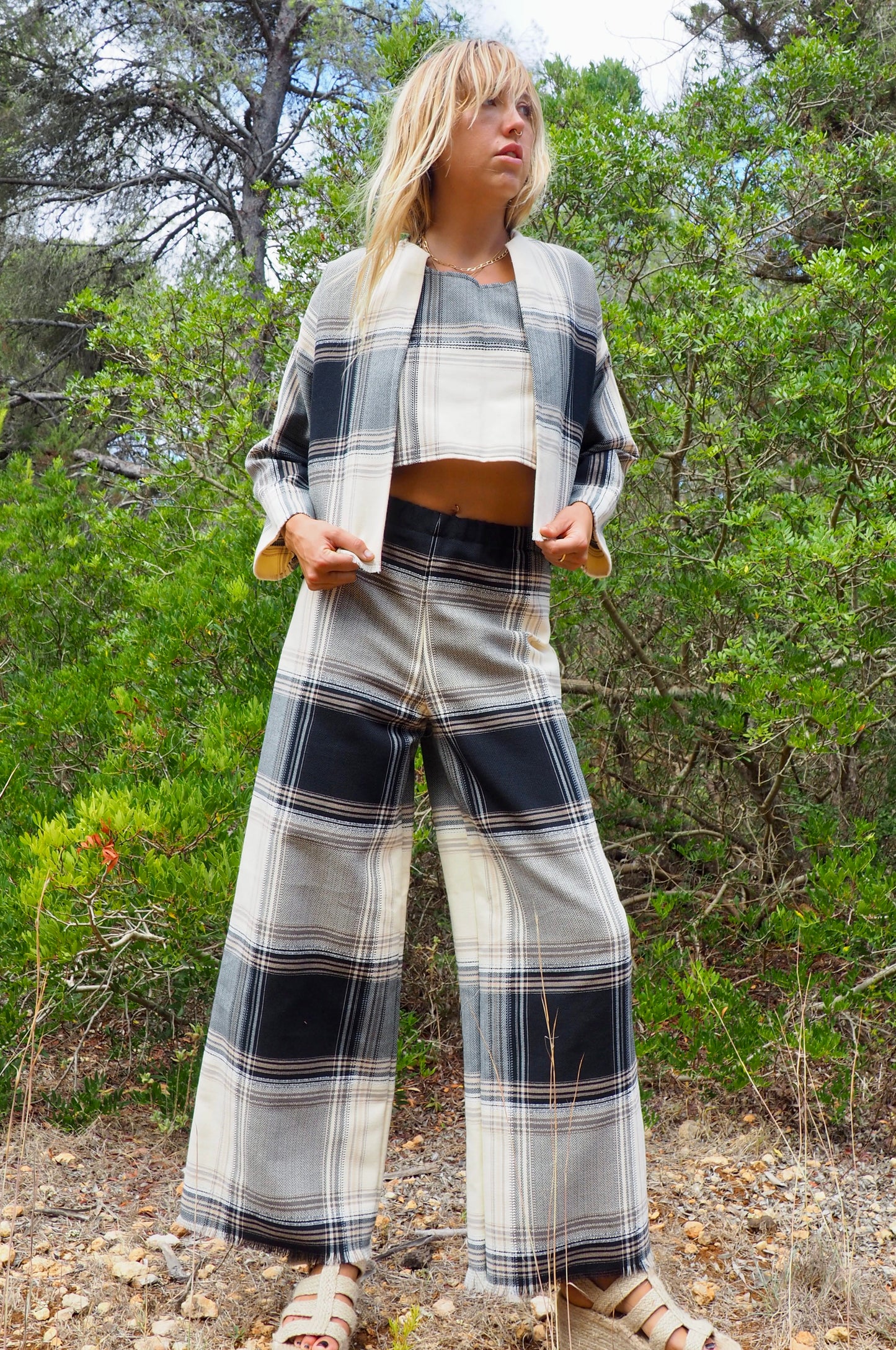 Up-cycled black and white checked cropped jacket nice quality a high end woven made by Vagabond Ibiza