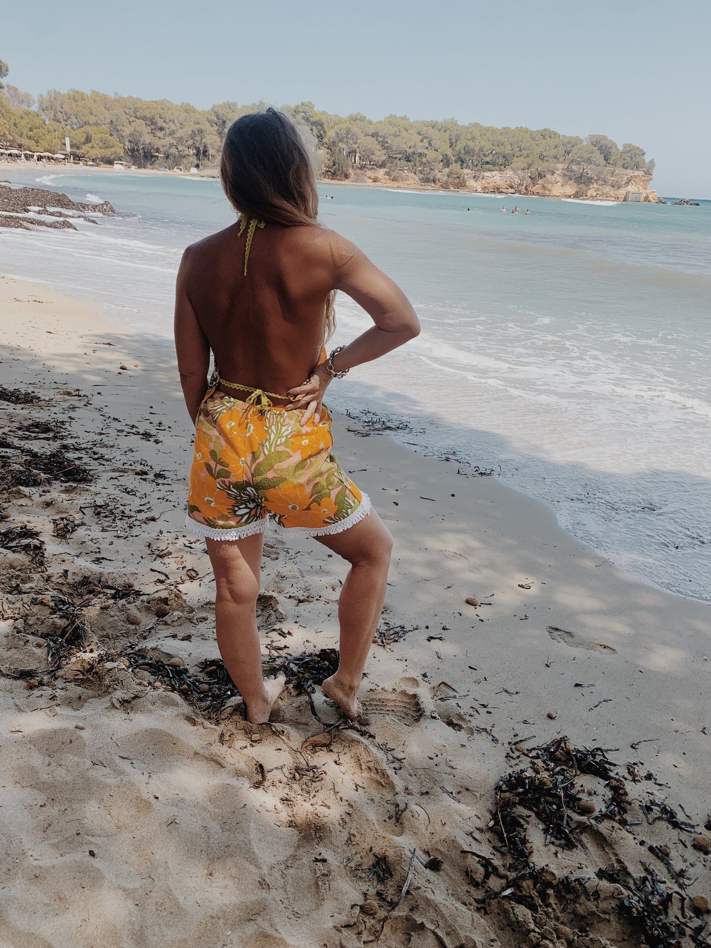Up-cycled vintage retro floral towel 2 piece set made by Vagabond Ibiza shorts and backless tie top