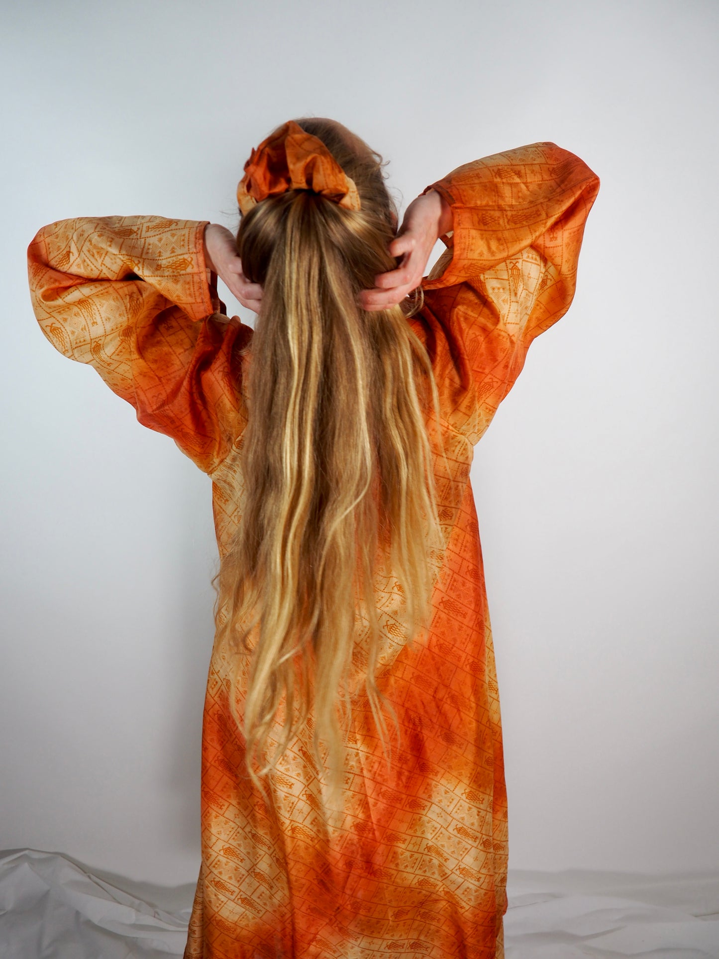 The Diamond Bias-Cut Maxi Dress – Up-cycled Vintage Sari Sustainable Dress with angel Sleeves + Matching Scrunchy & Bag