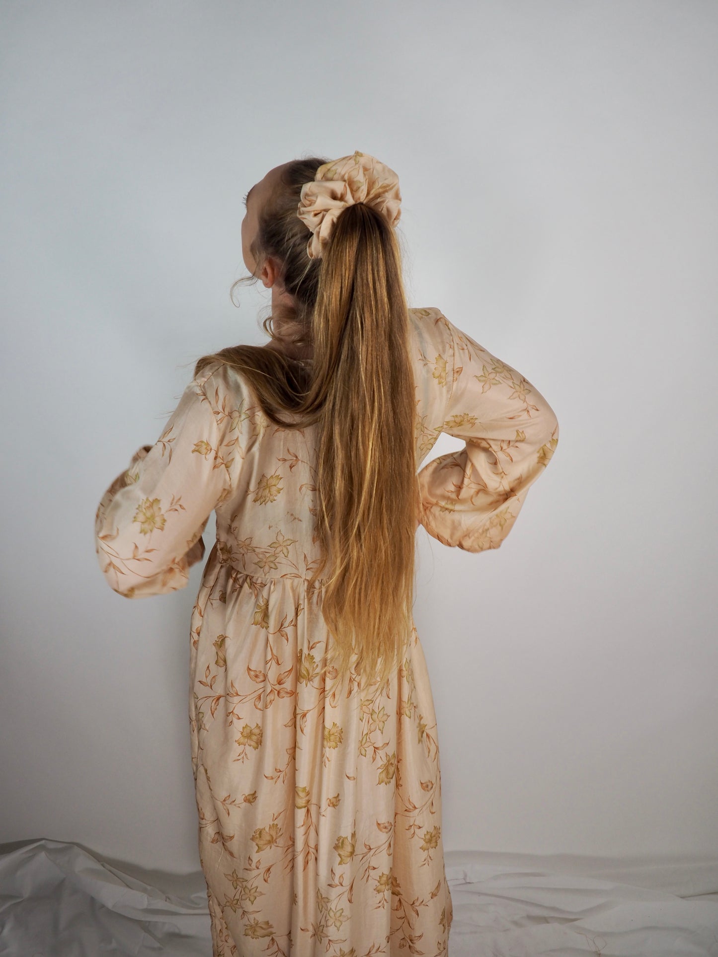 The Vadella Up-cycled Vintage Re-cycled Sari Maxi Dress – Sustainable Boho Dress with Tie Neck Detail + Matching Scrunchy & Bag