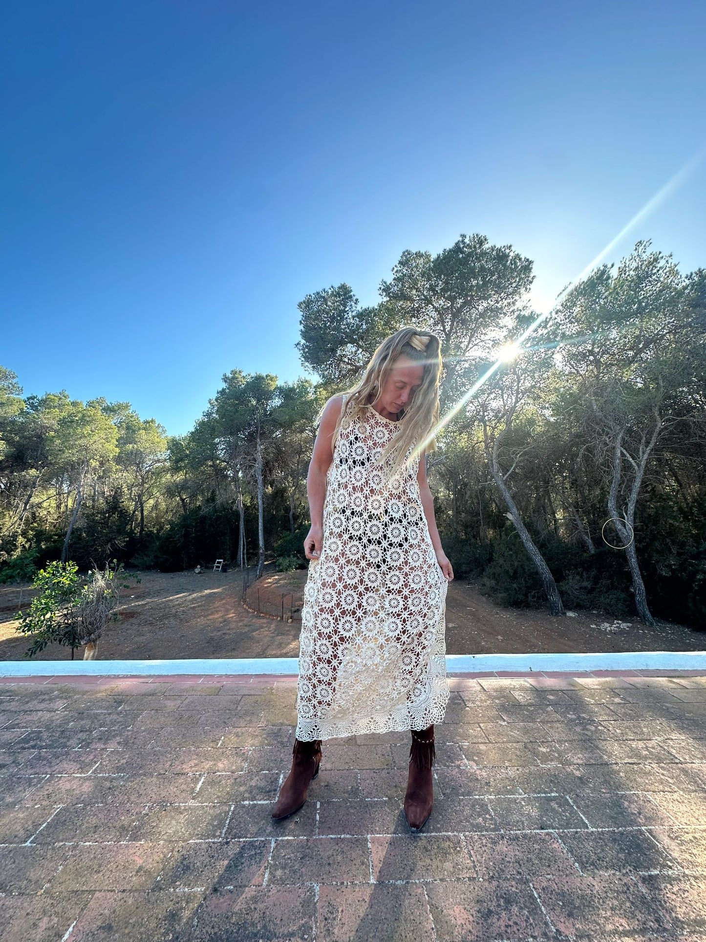 Creamy gold vintage crochet up-cycle long beach cover up with side split Ibiza party dress made by Vagabond Ibiza