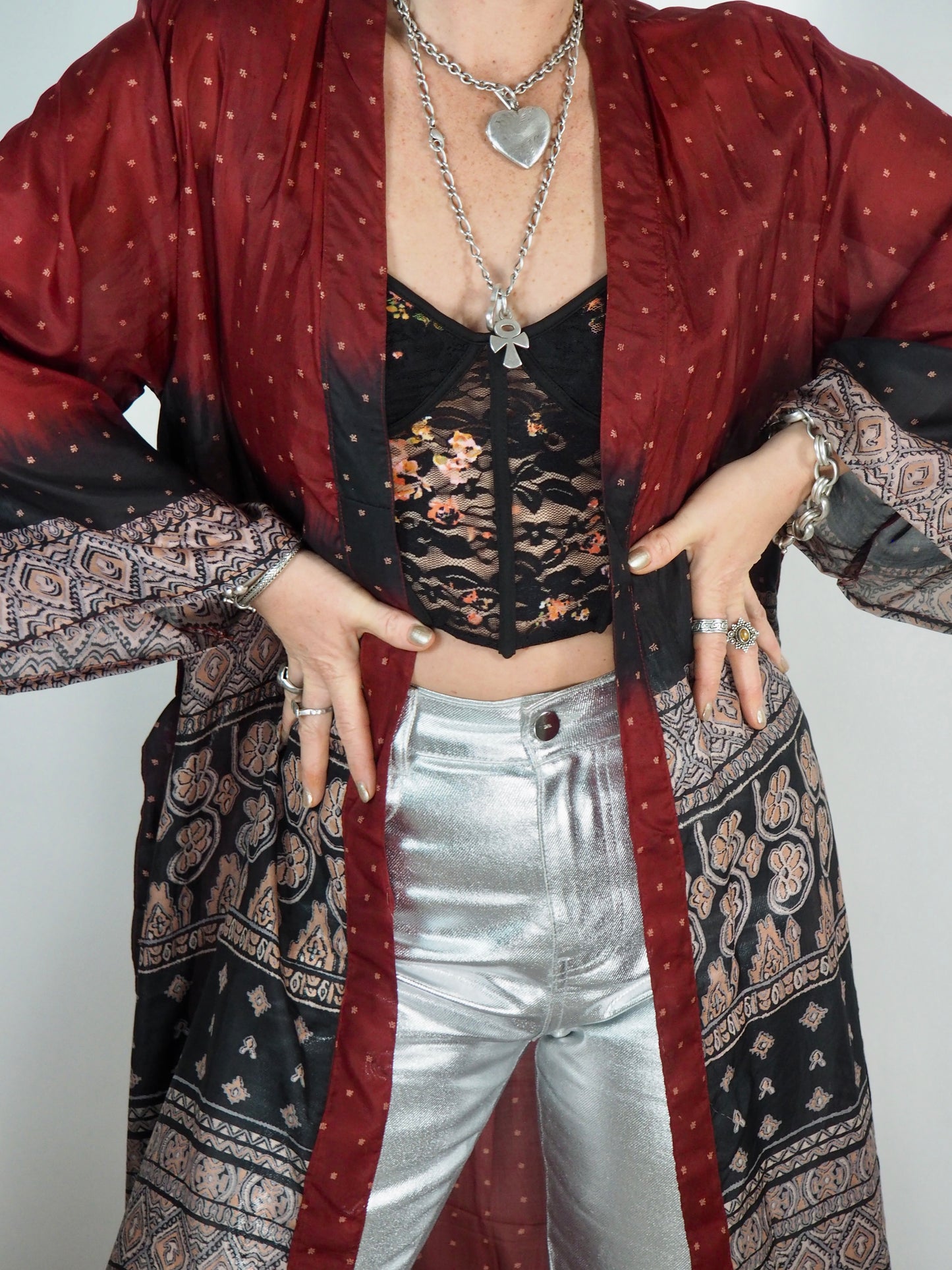 The Kardash Long Kimono – Up-cycled Vintage Sari long Kimono Robe with Waist Tie + Matching Scrunchy & Storage Bag