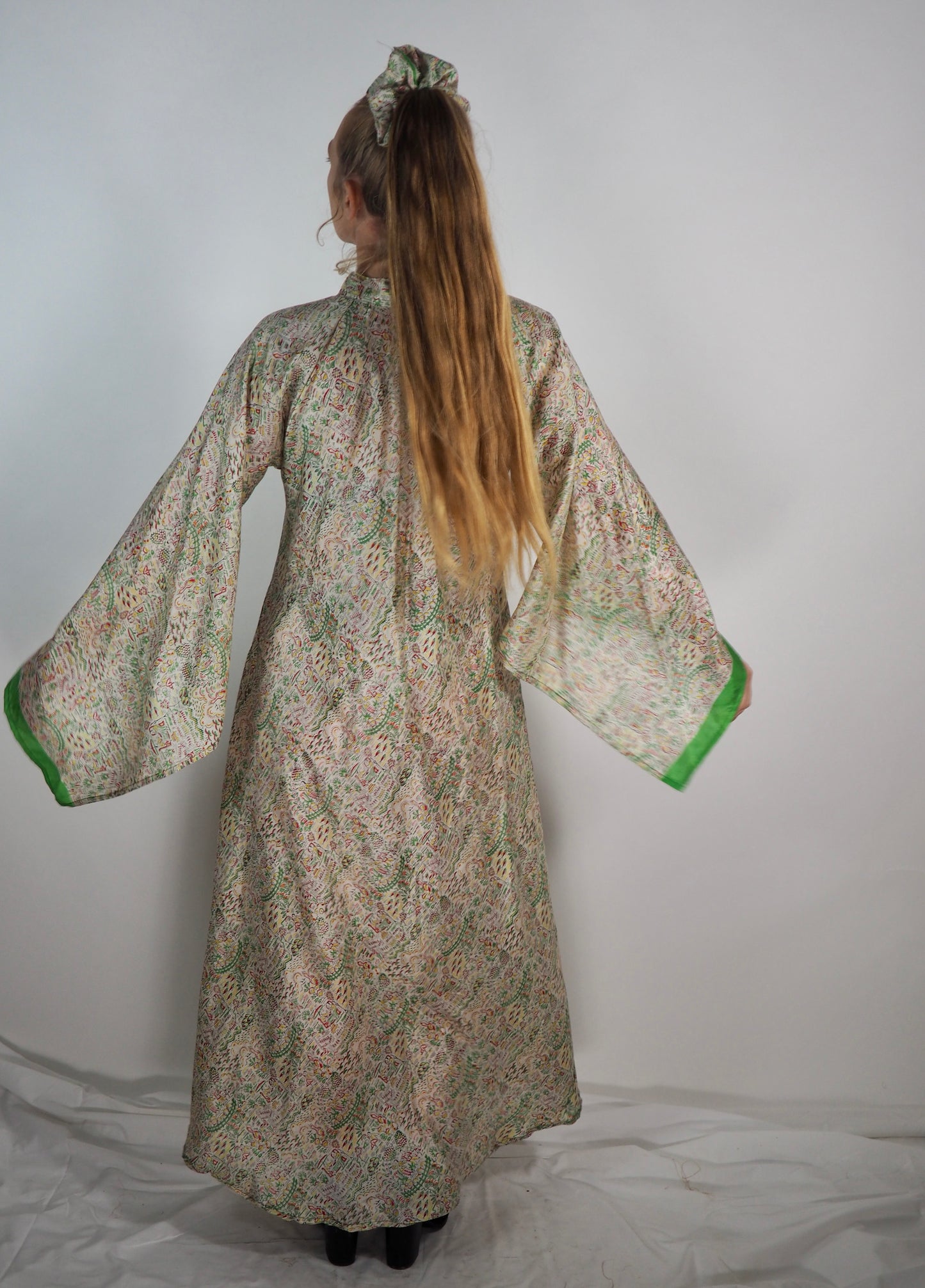 The Diamond Bias-Cut Maxi Dress – Up-cycled Vintage Sari Sustainable Dress with angel Sleeves + Matching Scrunchy & Bag