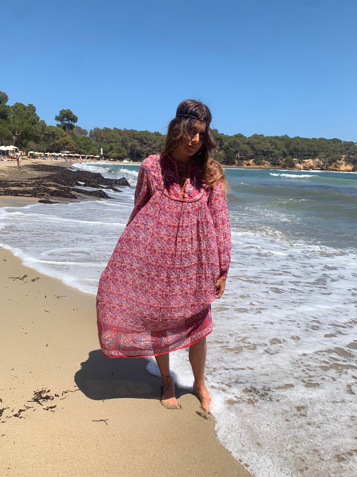 Vintage Original 1970’s rare Indian fine cotton block printed floral dress in pink