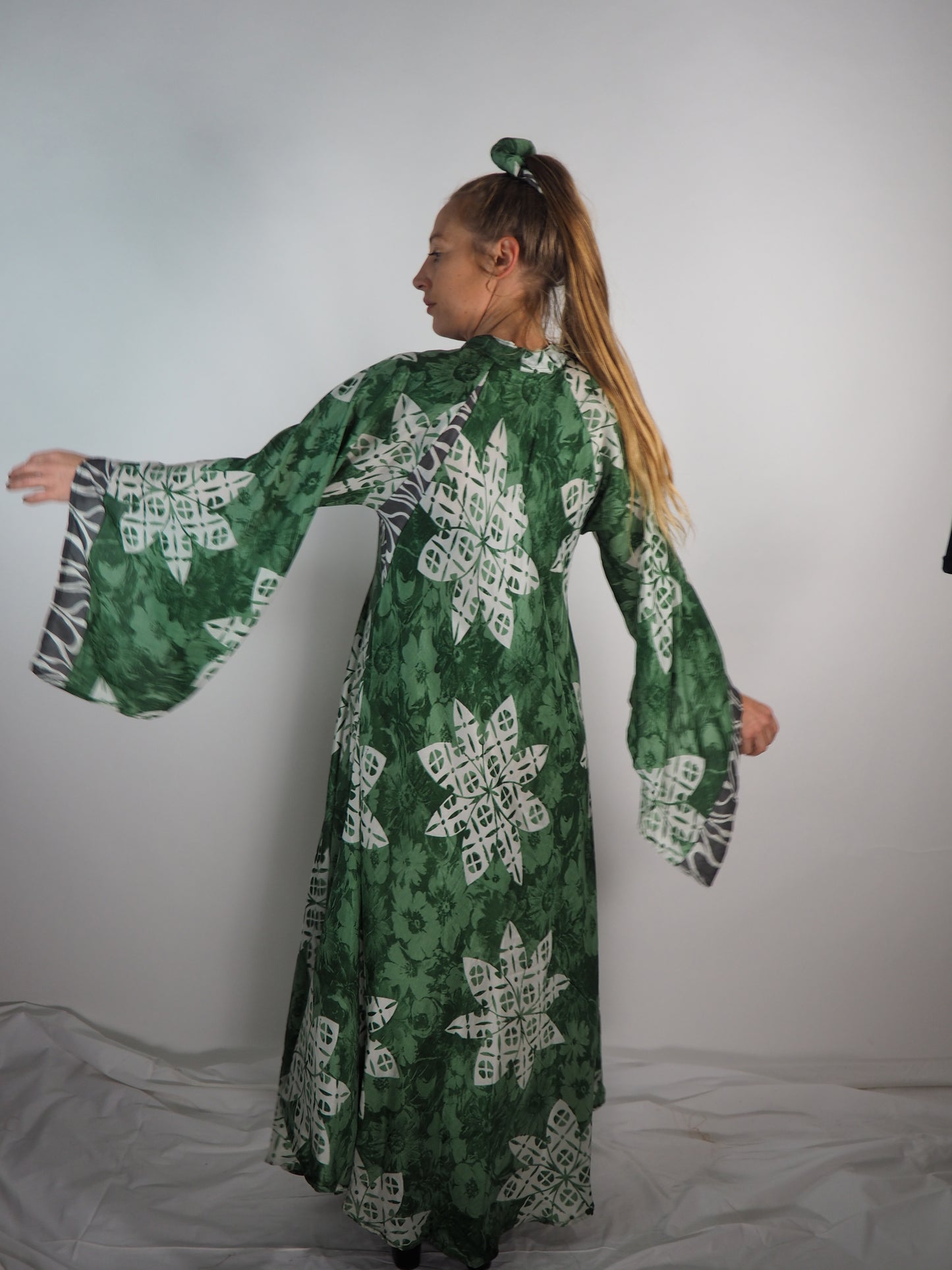 The Diamond Bias-Cut Maxi Dress – Up-cycled Vintage Sari Sustainable Dress with angel Sleeves + Matching Scrunchy & Bag