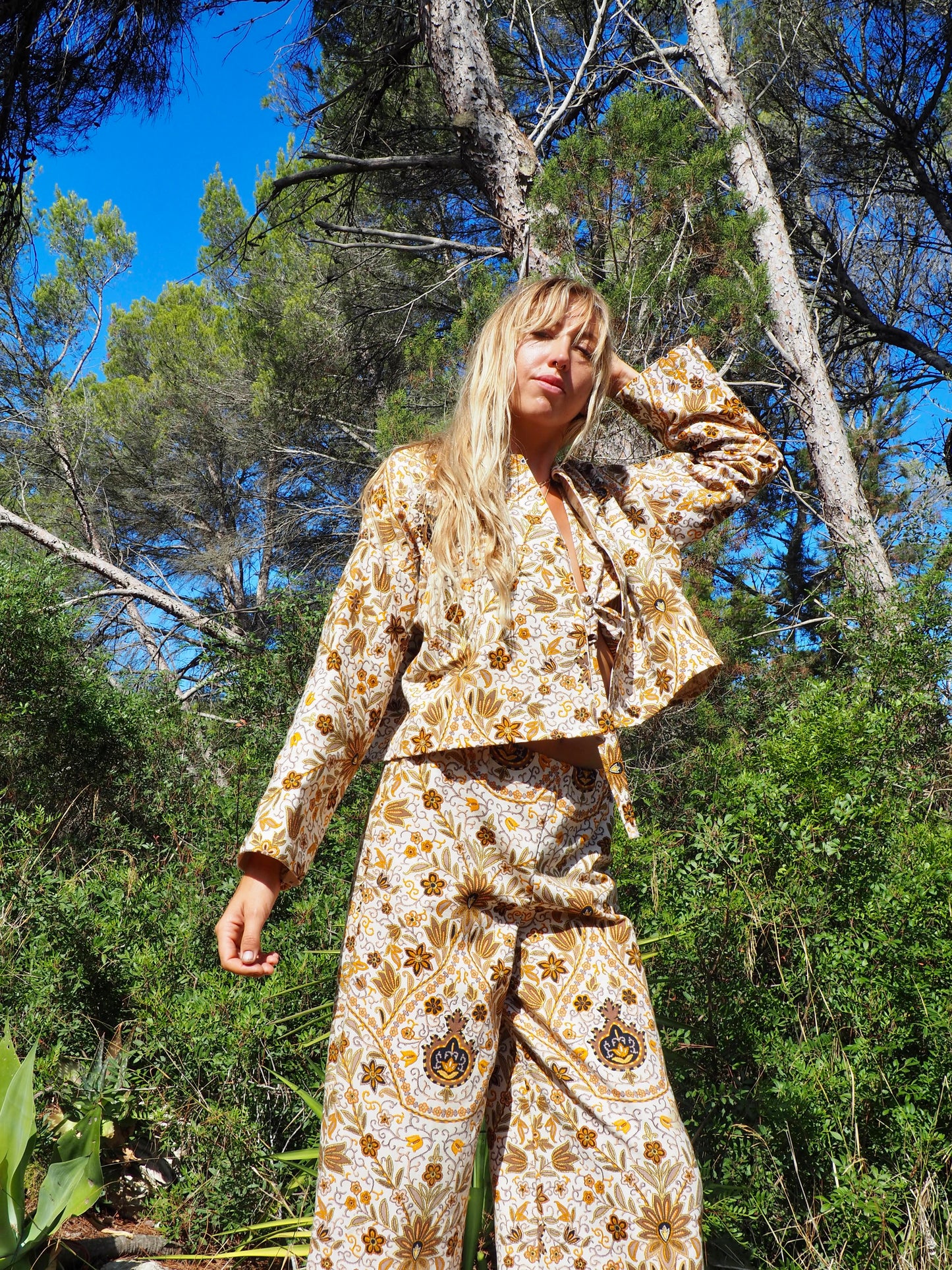 Up-cycled heavy cotton cropped jacket with Cream yellow and black floral printed design the textile is from france very nice quality by Vagabond Ibiza