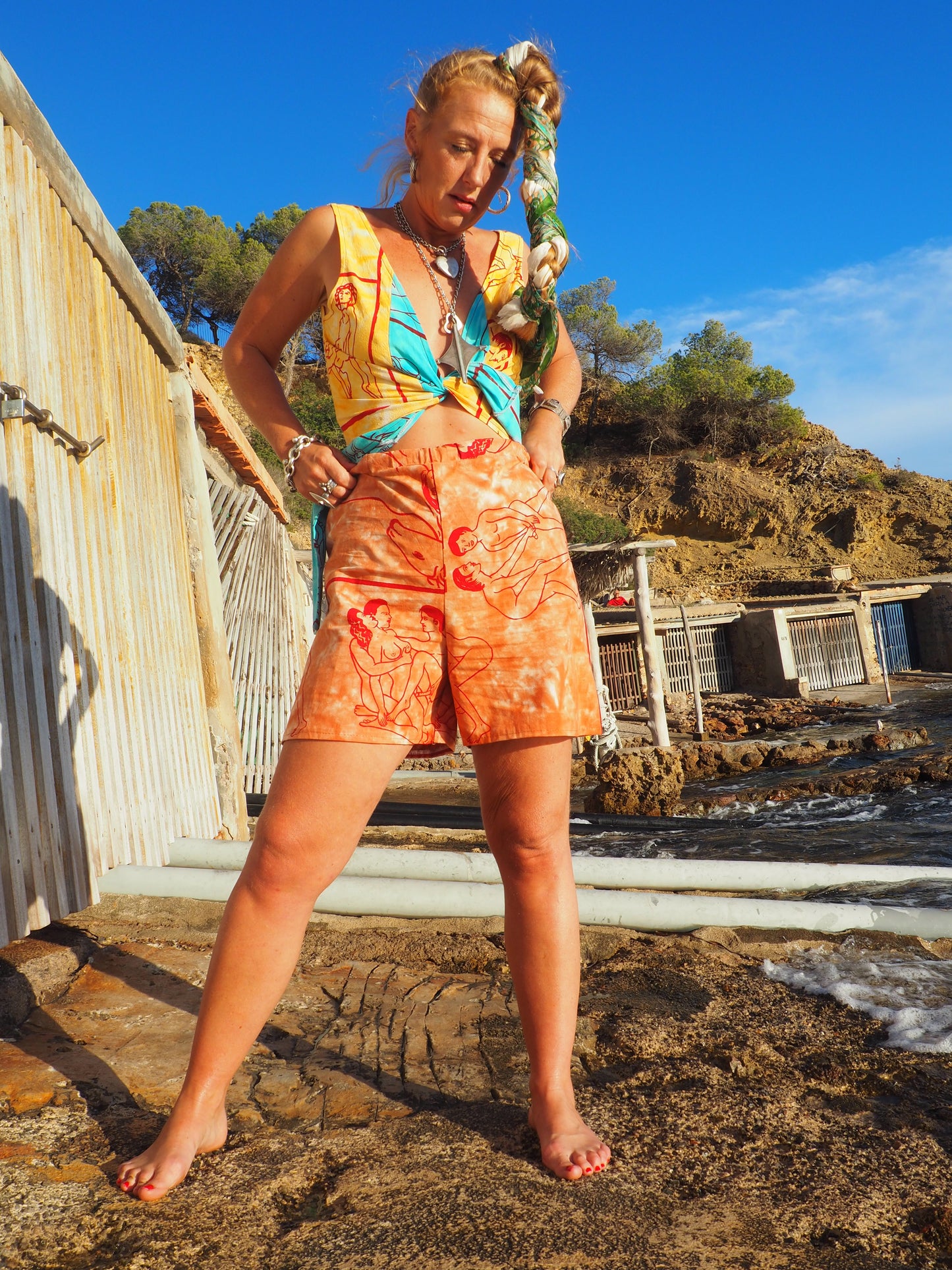 Up-cycled vintage cotton reversible tie top with printed karma sutra design in bright blue and orange.