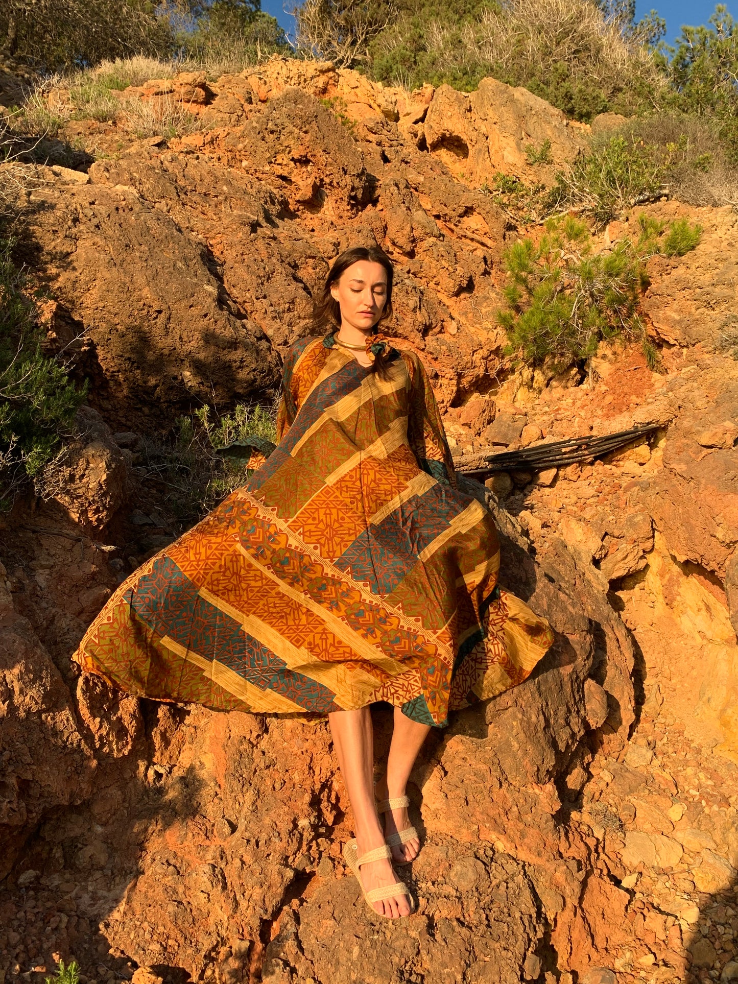 The Diamond Bias-Cut Maxi Dress – Up-cycled Vintage Sari Sustainable Dress with angel Sleeves + Matching Scrunchy & Bag