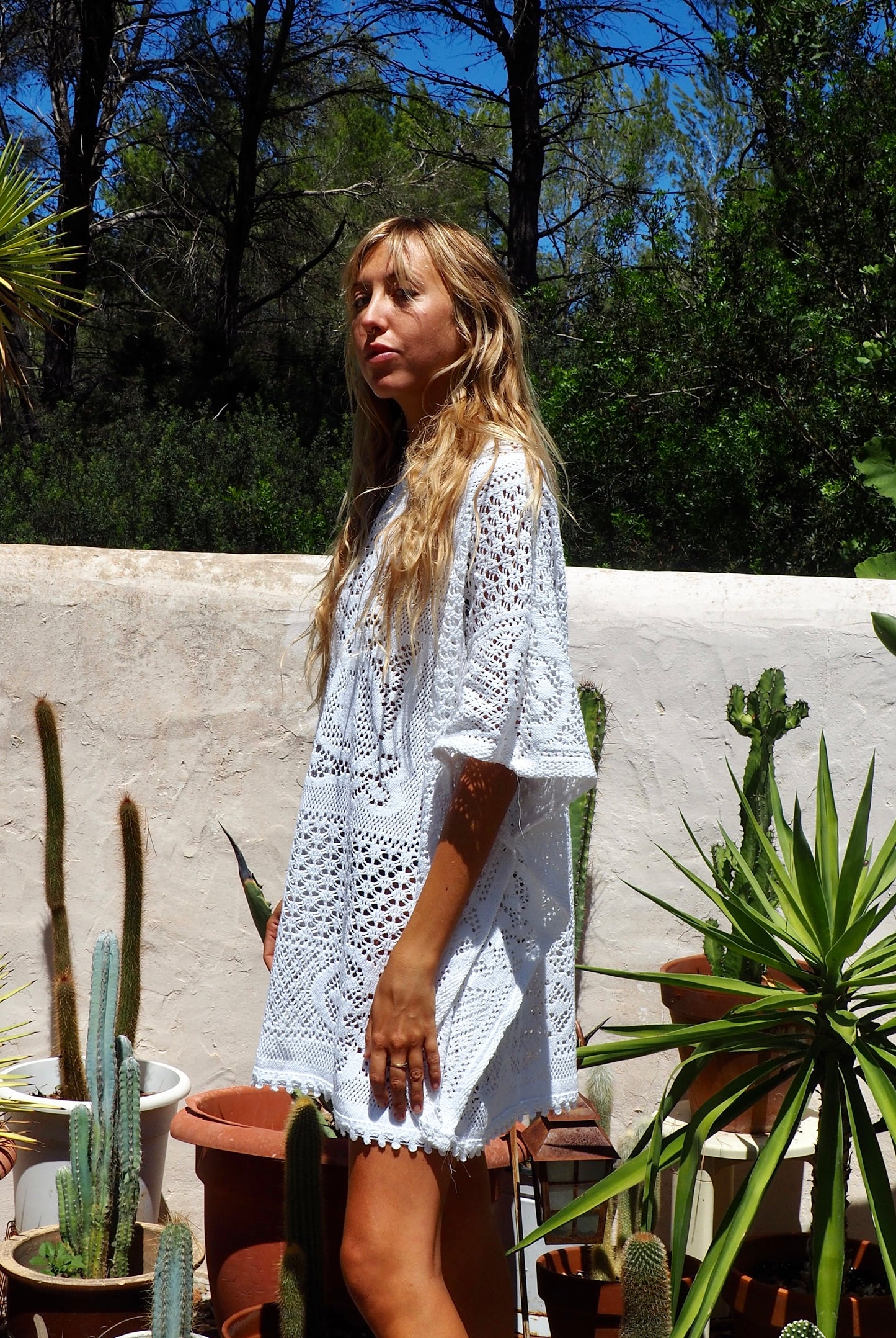 White vintage crochet bell sleeve shirt dress up-cycled by Vagabond Ibiza made in our atelier in Ibiza