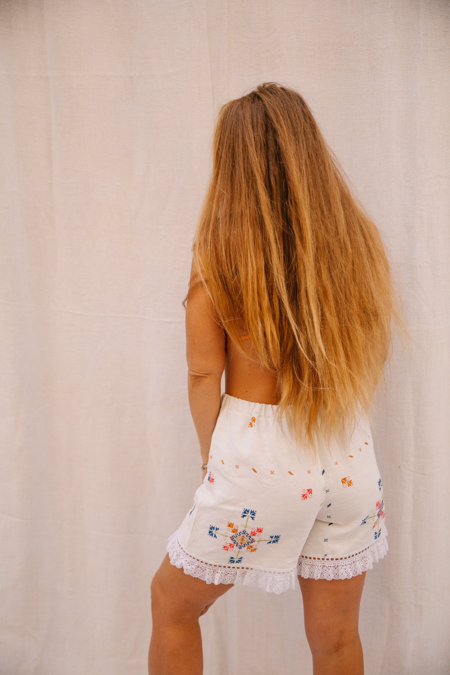 Hand-Embroidered Vintage Linen Shorts with Lace Trim by Vagabond Ibiza