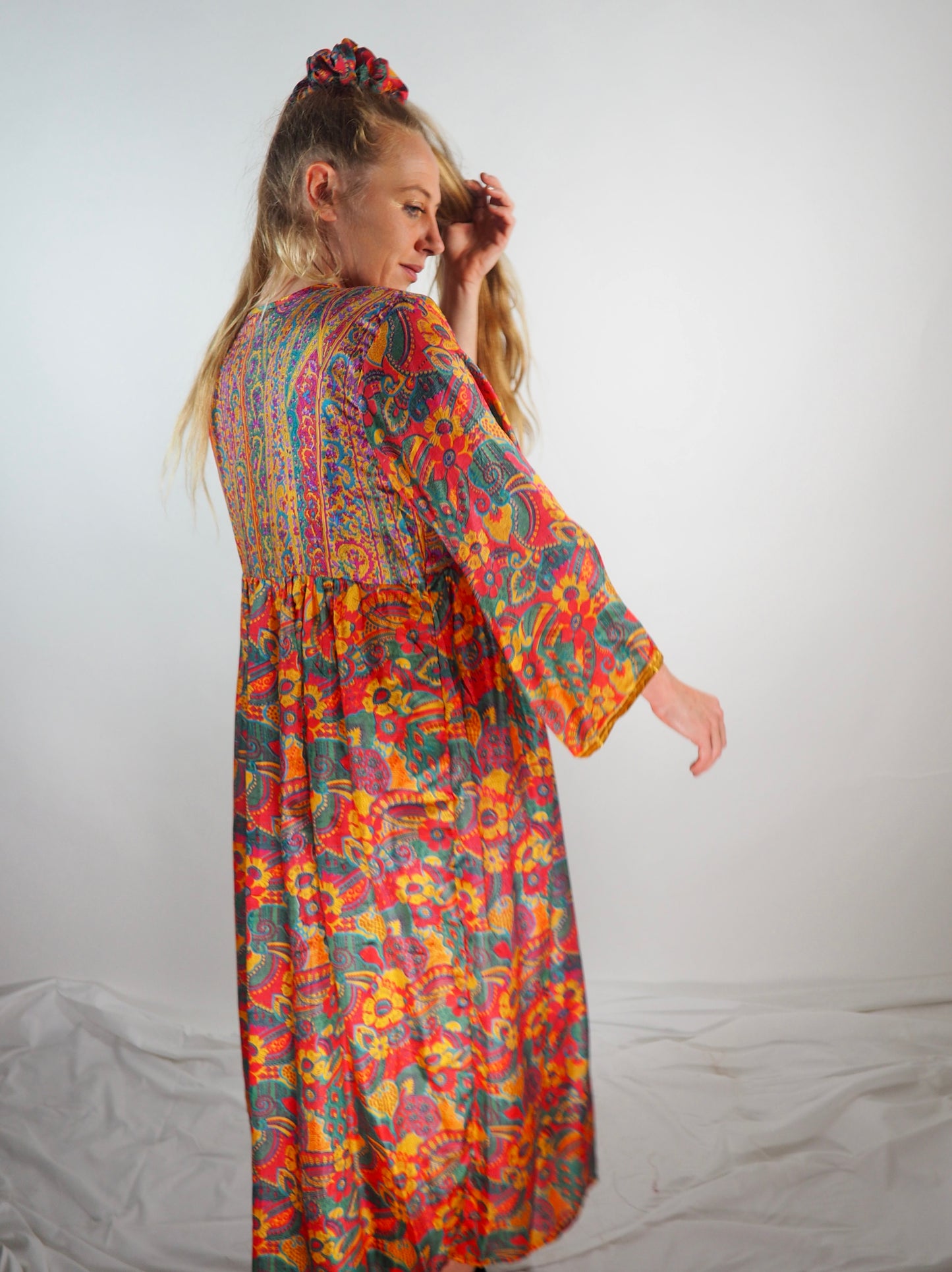 The Vadella Up-cycled Vintage Re-cycled Sari Maxi Dress – Sustainable Boho Dress with Tie Neck Detail + Matching Scrunchy & Bag