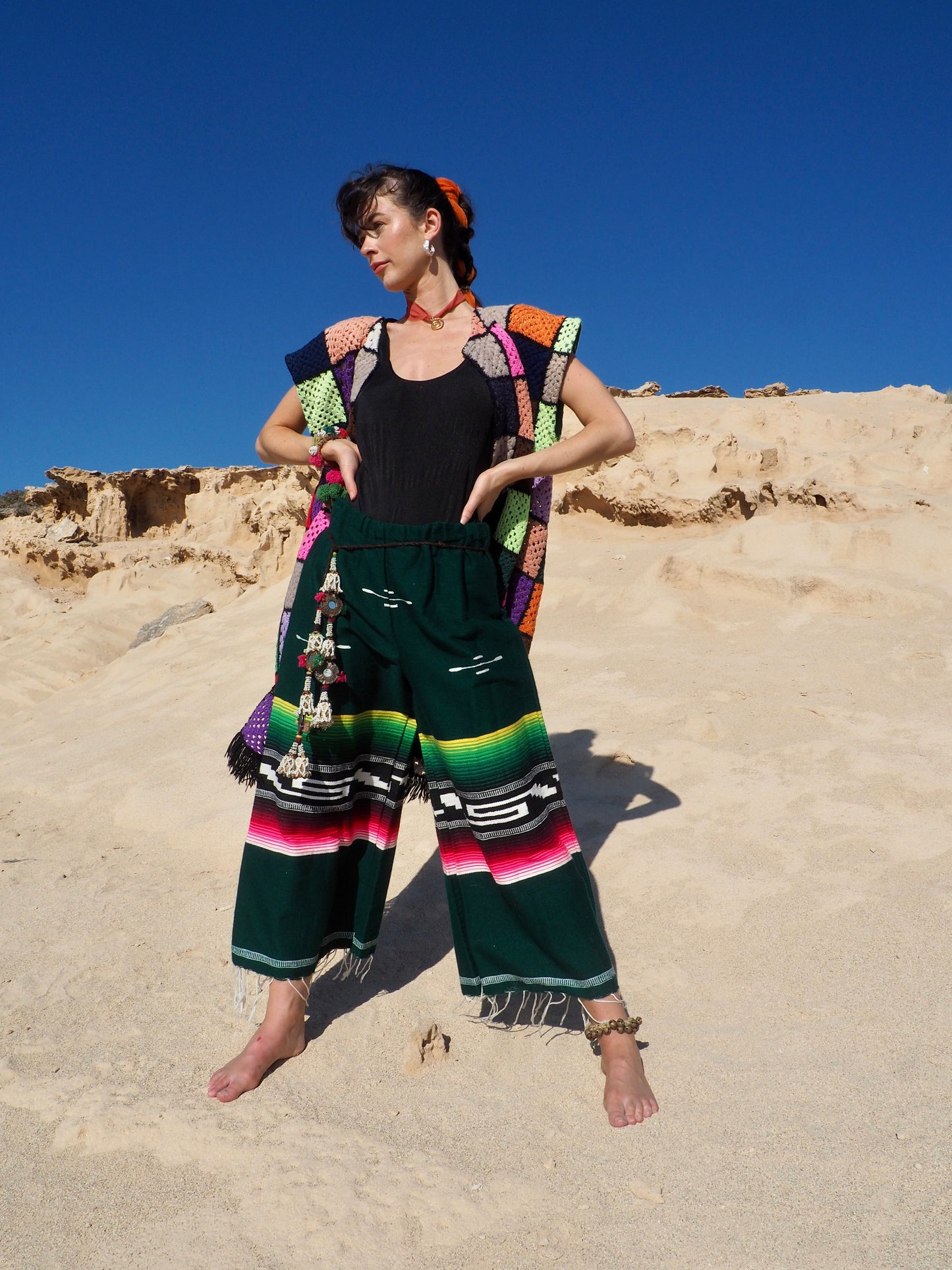 Vintage Mexican textiles up-cycled wide leg pants in green with pink tones made by Vagabond Ibiza