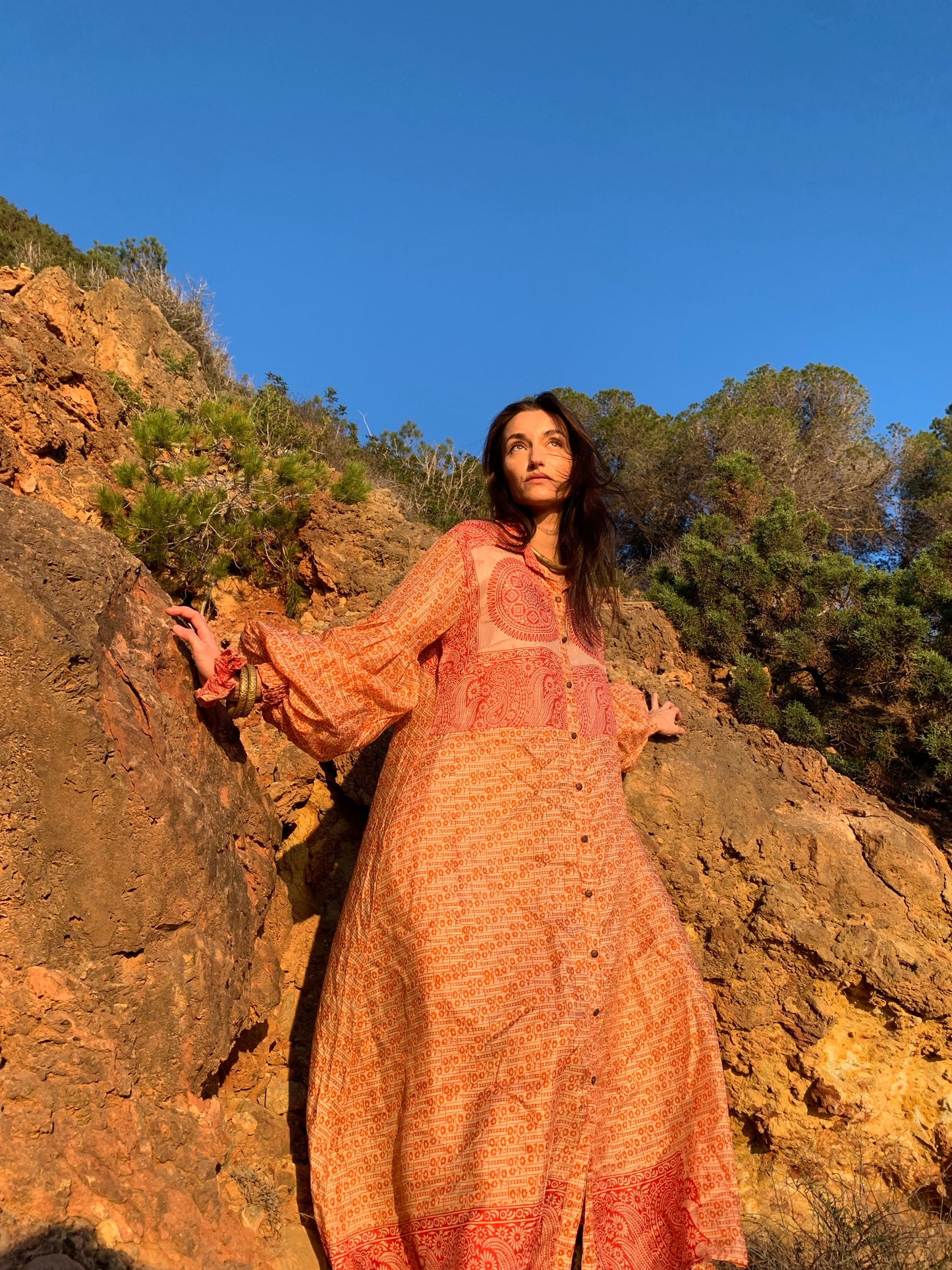 The Lenya Up-cycled Vintage Sari Dress – Sustainable Boho Dress with Oversized Sleeves Matching Scrunchy & Storage Bag