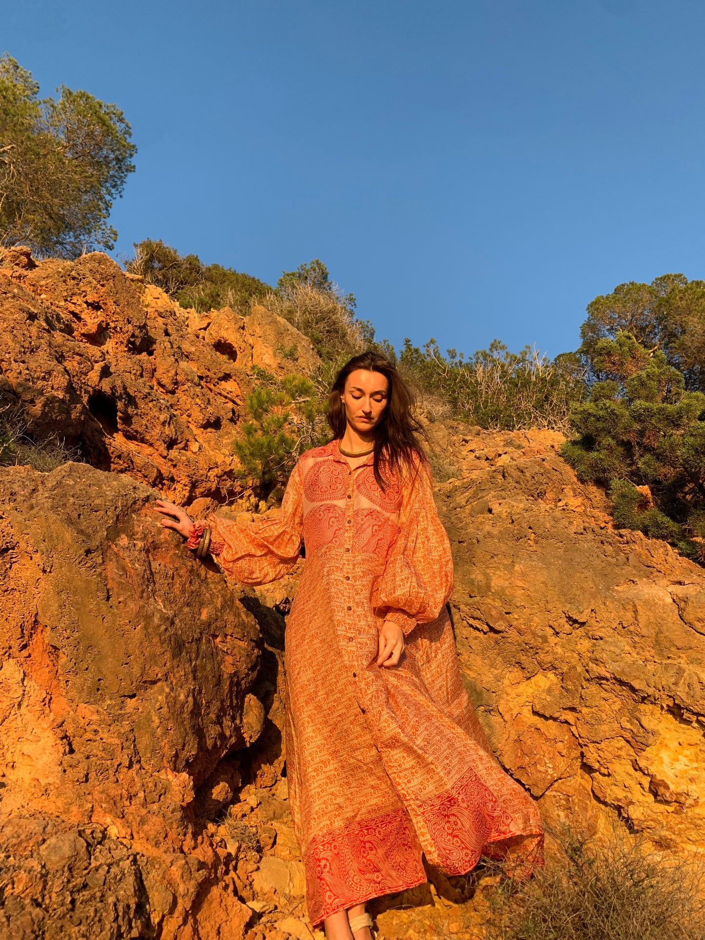 The Lenya Up-cycled Vintage Sari Dress – Sustainable Boho Dress with Oversized Sleeves Matching Scrunchy & Storage Bag