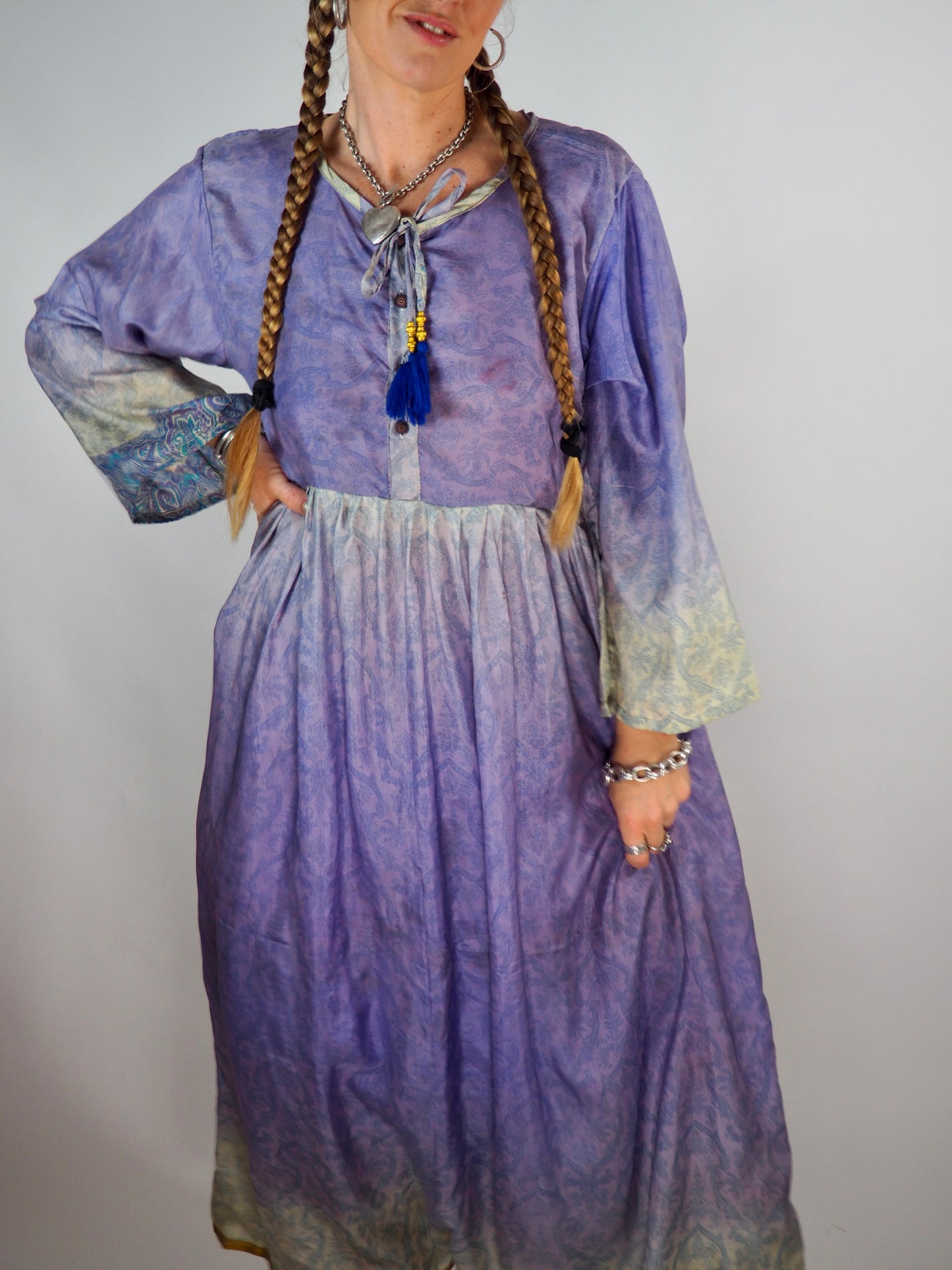 The Vadella Up-cycled Vintage Re-cycled Sari Maxi Dress – Sustainable Boho Dress with Tie Neck Detail + Matching Scrunchy & Bag